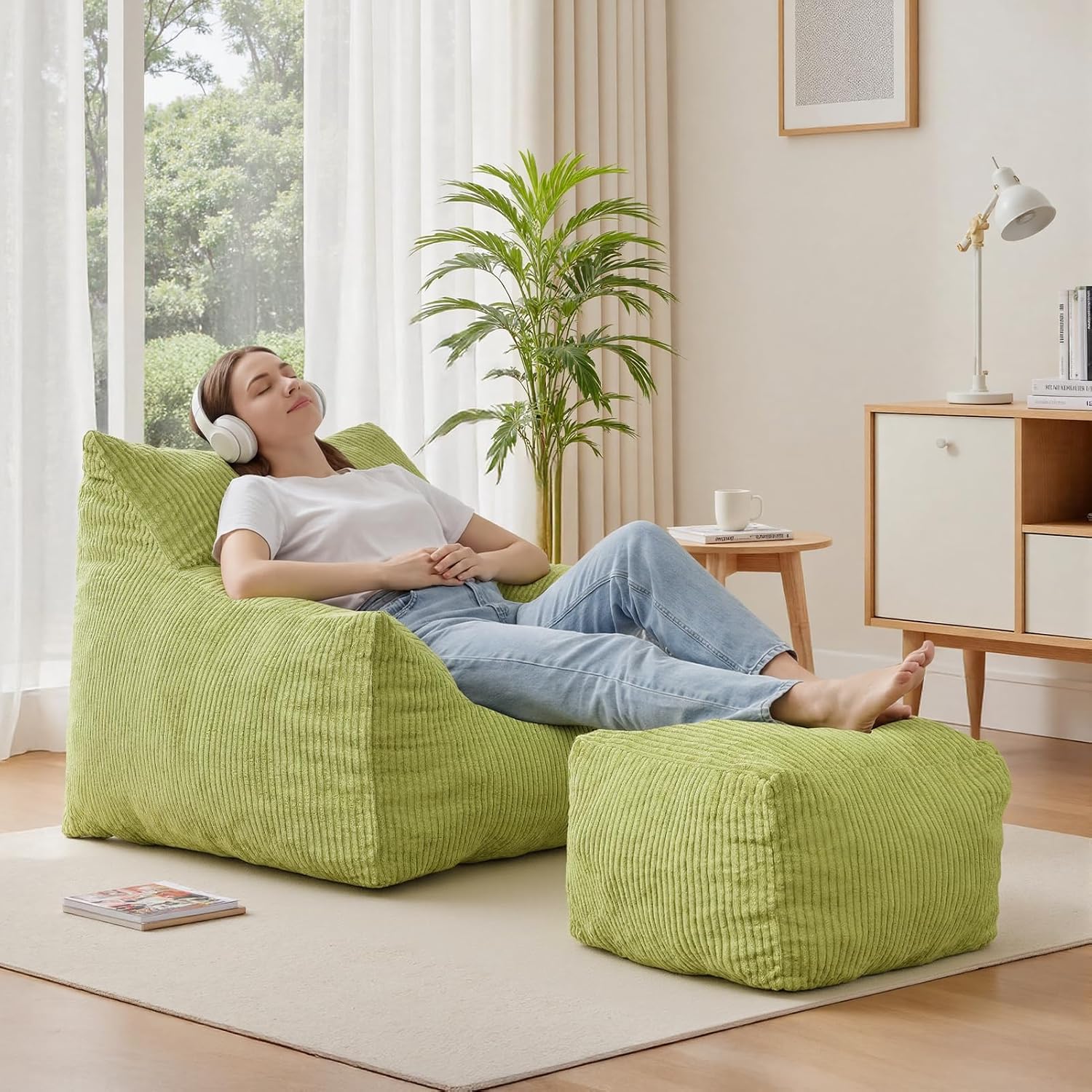 INMOZATA Bean Bag Chair, Beanbag Chair with Ottoman, Cloud Boneless Couch for Adults & Teens, Oversized Memory Foam Beanbag Set, Plush Corduroy Lounge Sofa Gift (Green)