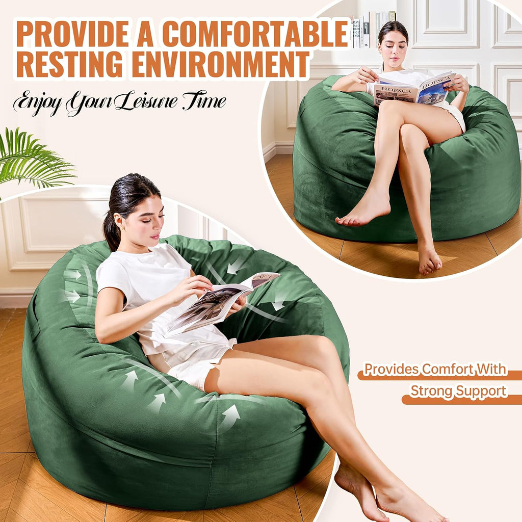 4FT Bean Bag Chair, Bean Bag Chairs for Adults and Kids, Fluffy and Comfy Bean Bag with Velvet Cover, Bean Bag with Memory Foam Filled for Gaming, Living Room, Playroom (Green)