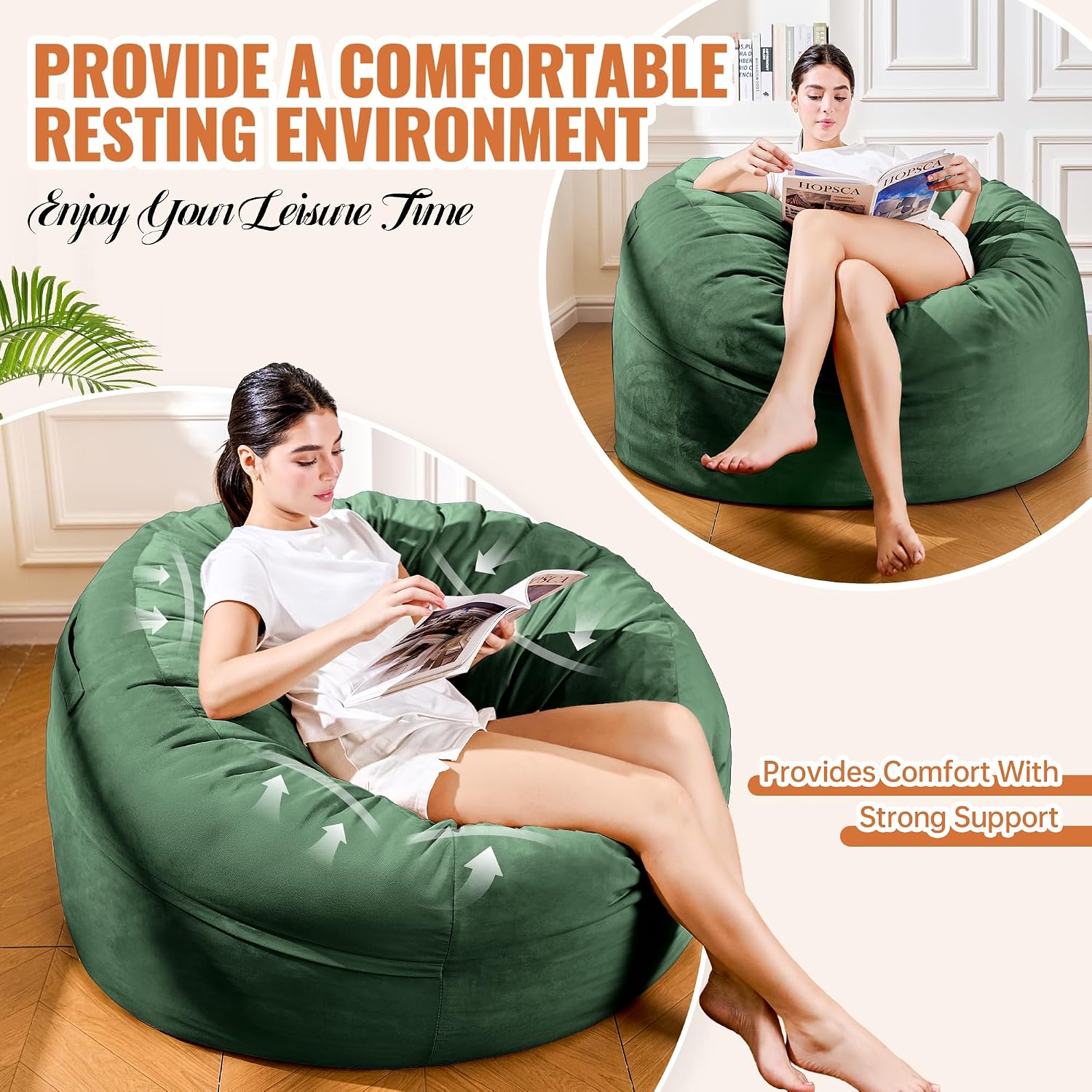 4FT Bean Bag Chair, Bean Bag Chairs for Adults and Kids, Fluffy and Comfy Bean Bag with Velvet Cover, Bean Bag with Memory Foam Filled for Gaming, Living Room, Playroom (Green)