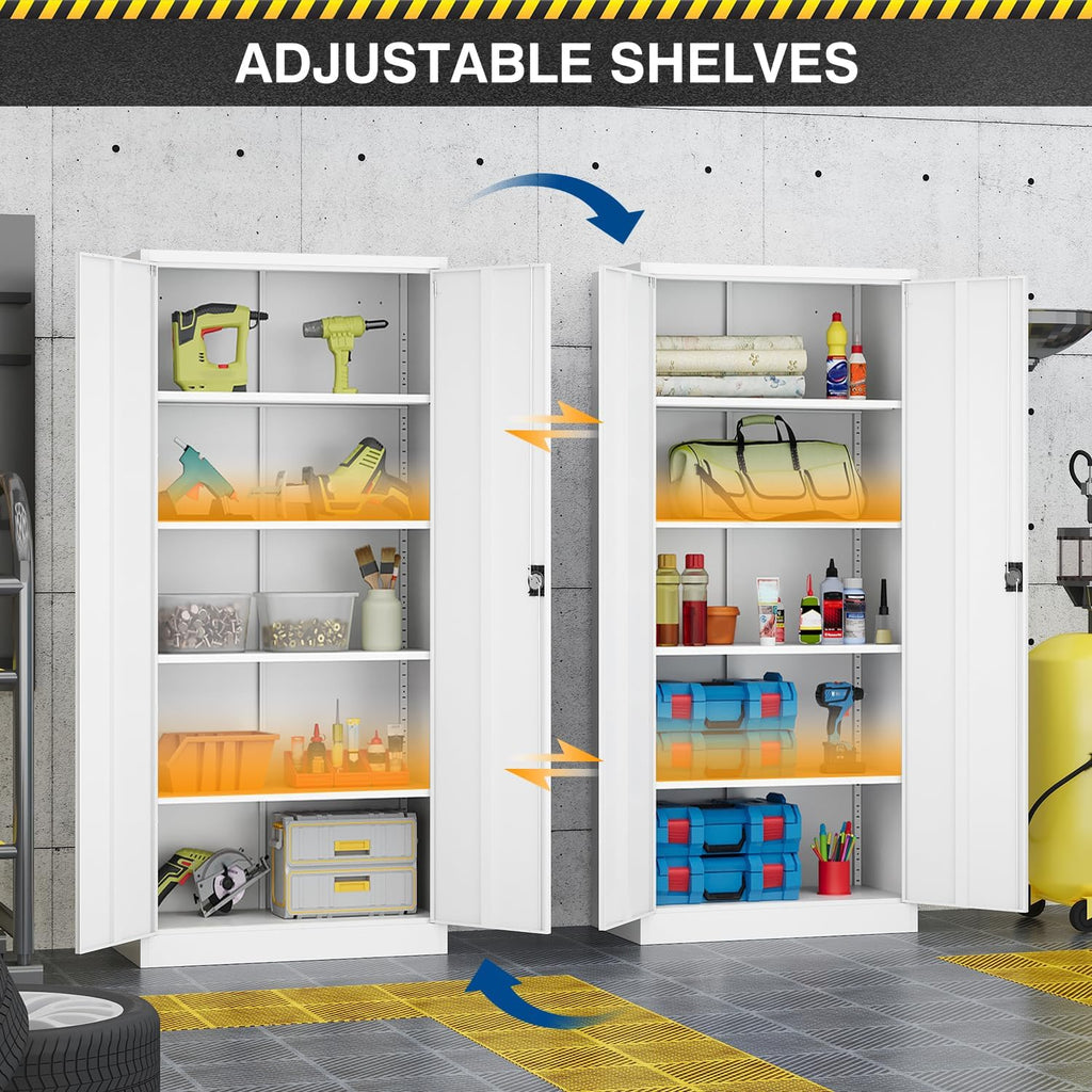 Fesbos Metal Storage Cabinet-71' Tall Steel File Cabinets with Lockable Doors and Adjustable Shelves-White Steel Storage Cabinet for Home,Kitchen, School, Office, Garage
