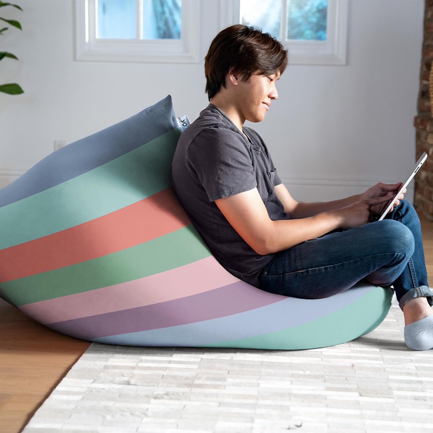 Yogibo Short Bean Bag Lounger Chair for Adults, Kids and Teens with Filling, Soft, Plush, Comfy, Sensory Lounge Beanbag Loveseat, Washable Cover, Rainbow Pastel