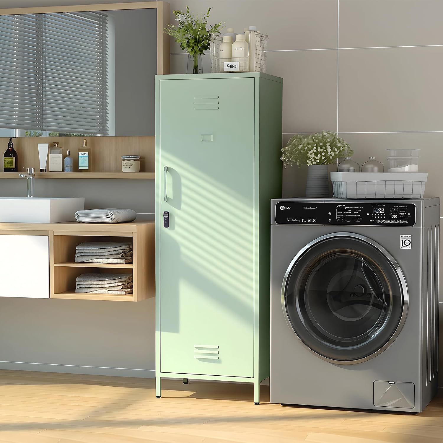 Metal Locker Storage Cabinets Lockable Single File Storage Cabinet with Door and Removable Shelves Kids Locker for School Gym Pantry Kitchen (Green)