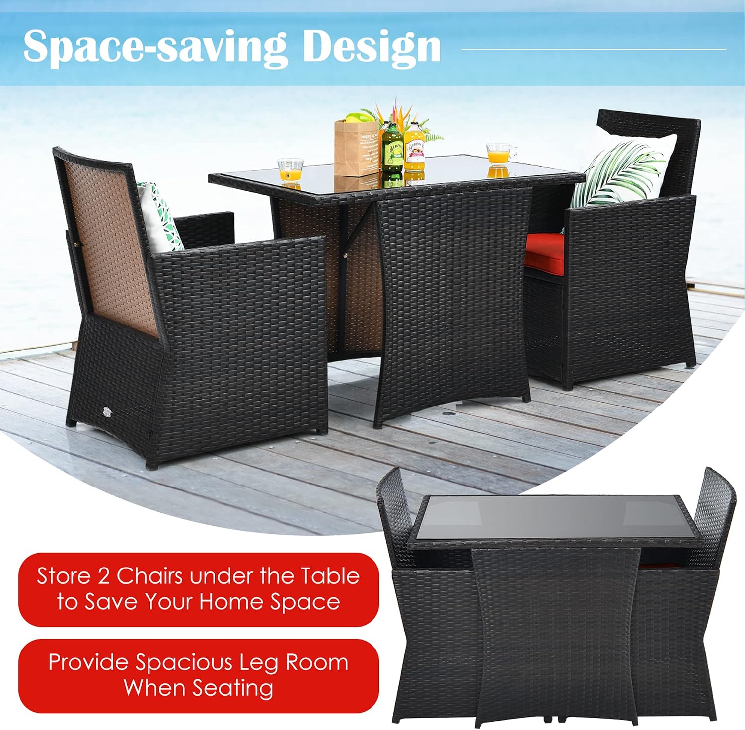 DORTALA Wicker Patio Bistro Set 3 Piece, Outdoor Table and Chairs with Tempered Glass Tabletop, Cushions, Small Rattan Furniture Conversation Sofa Set for Balcony, Porch, Backyard, Deck, Red