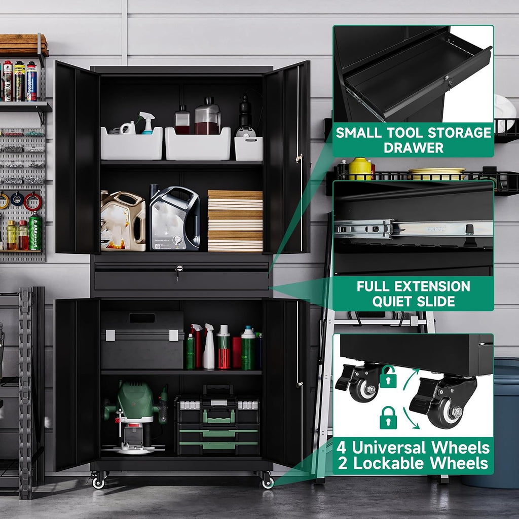 Letaya Metal Garage Storage Cabinet with Wheels,Rolling Tool Cabinet with 4 Door Lock-Adjustable Shelves and 1 Drawer for Garage Home Office Utility Room (Black with Wheels)