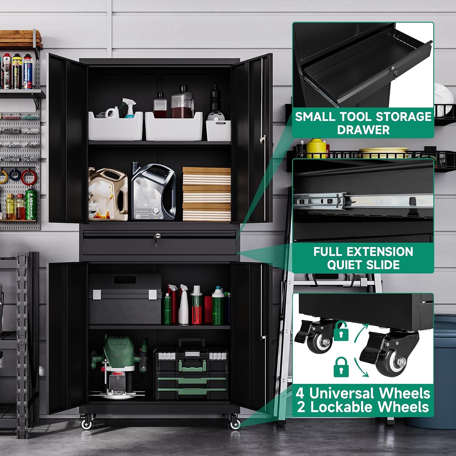 Letaya Metal Garage Storage Cabinet with Wheels,Rolling Tool Cabinet with 4 Door Lock-Adjustable Shelves and 1 Drawer for Garage Home Office Utility Room (Black with Wheels)