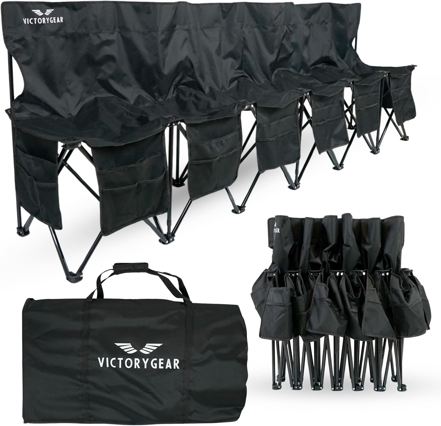 VictoryGear Portable Soccer Bench – 6 Seat Folding Team Chair with 8 Pockets & Carrying Bag – Lightweight Sideline Seating for Soccer, Baseball, Camping, Outdoor Events