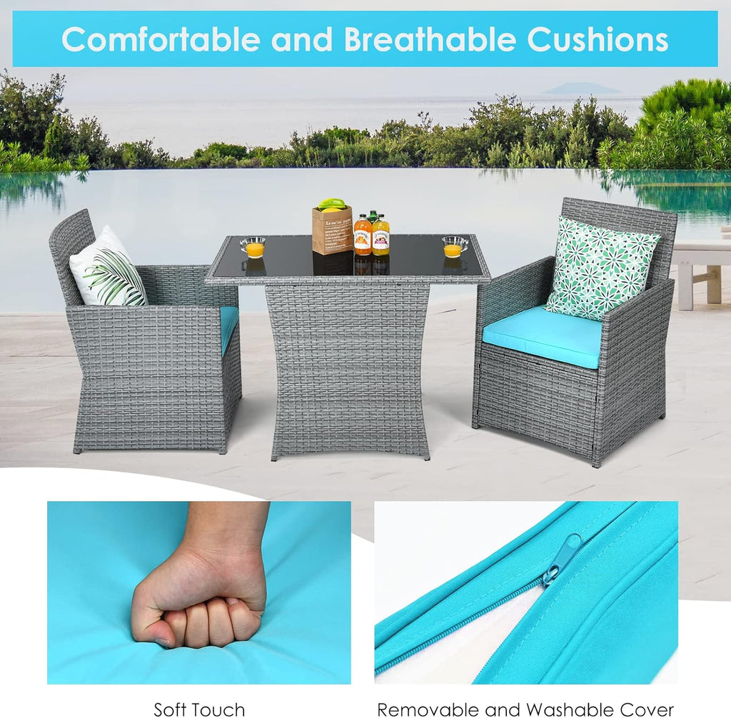 HAPPYGRILL 3 Piece Patio Furniture Set, Outdoor PE Rattan Wicker Bistro Set with Washable Cushions & Tempered Glass Table, for Backyard Porch Garden Balcony Poolside