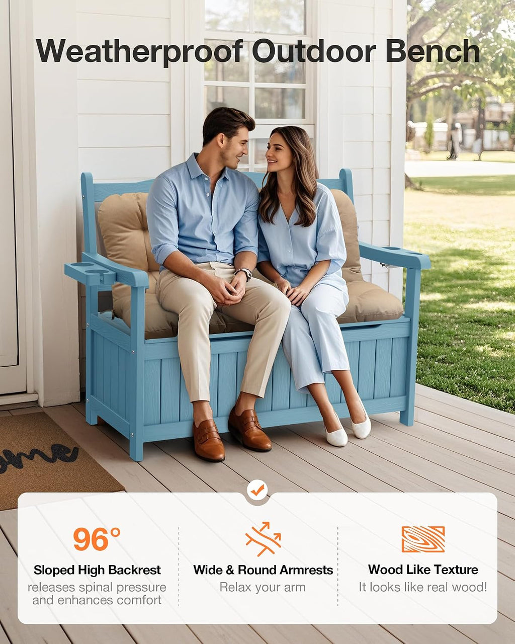 YEFU Outdoor Storage Bench for Patio: Heavy Duty Garden Bench with 96° High Backrest & Oversized Seating - HIPS Weatherproof Patio Bench with Storage for Porch Park Backyard, Blue