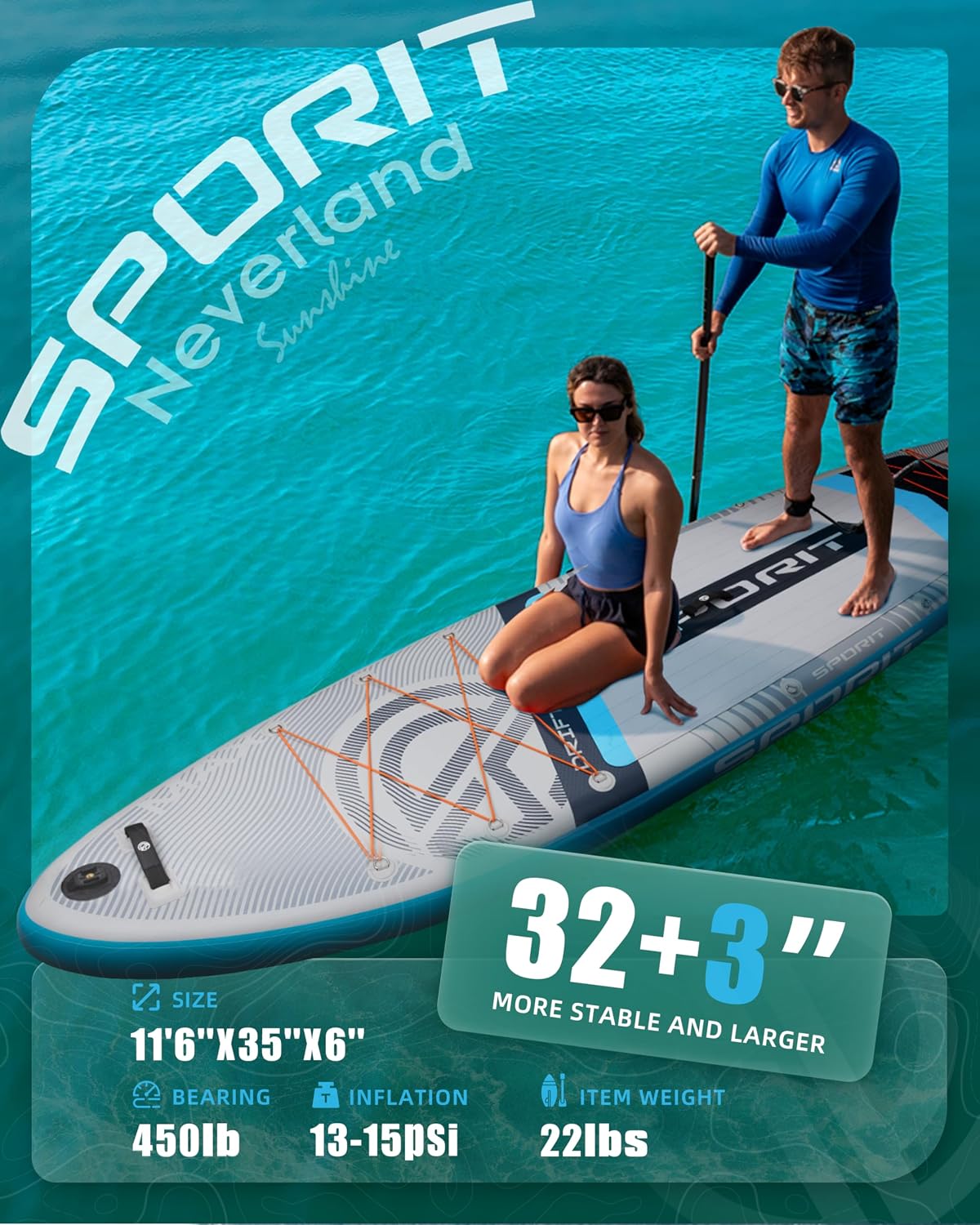 11'6' x 35' Extra Wide Inflatable Paddle Board for Adults, 450 lb Capacity Wide Stable Stand Up Paddle Board, 2–3 Person SUP, Heavy Duty 22 PSI, US Fin, Kayak D Rings, Large Stable Paddleboard