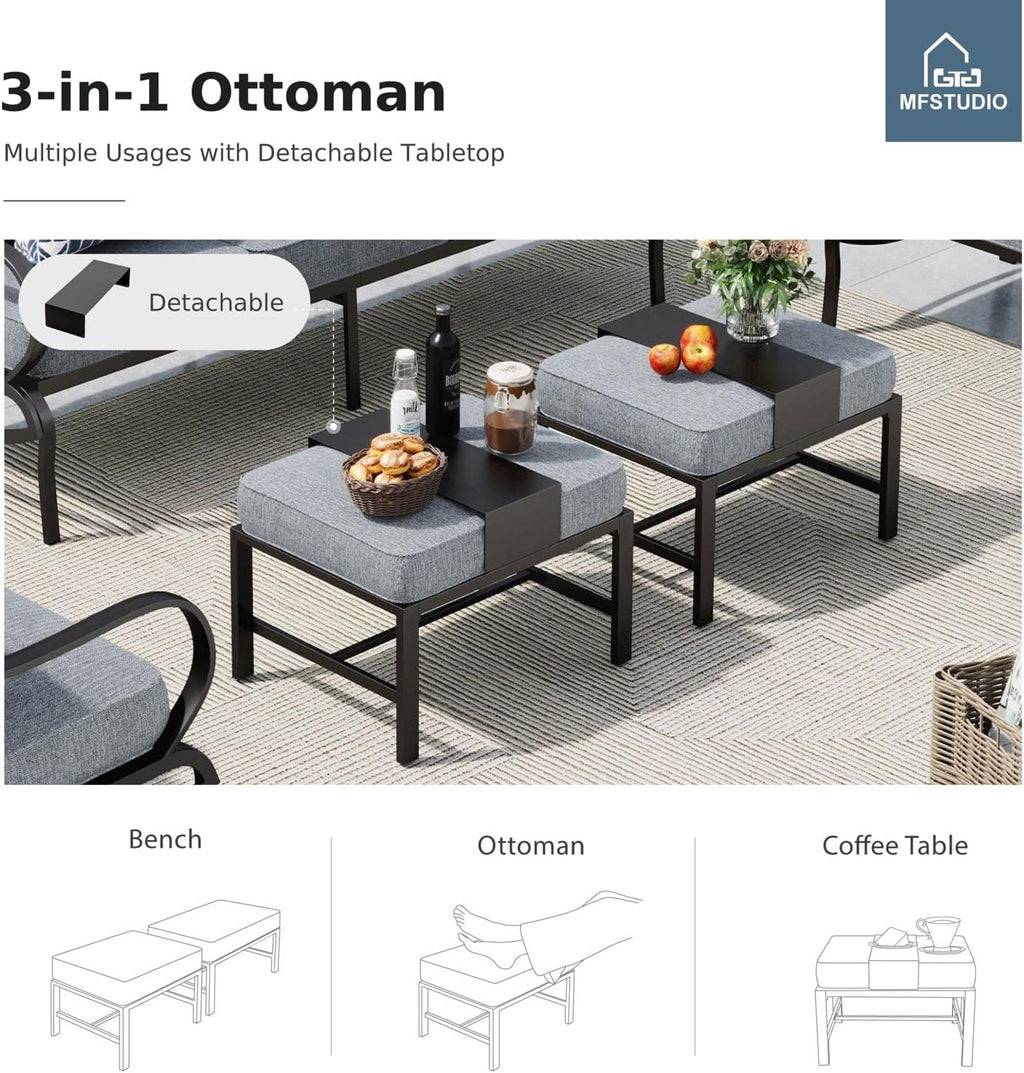 MFSTUDIO Patio Furniture Sets with 45' Gas Fire Pit Table, 8 Pieces Outdoor Metal Conversation Set with 1 x 3-Seat Sofa, 2 Single Chairs, 2 Swivel Chairs and 2 Ottomans, Grey Cushion