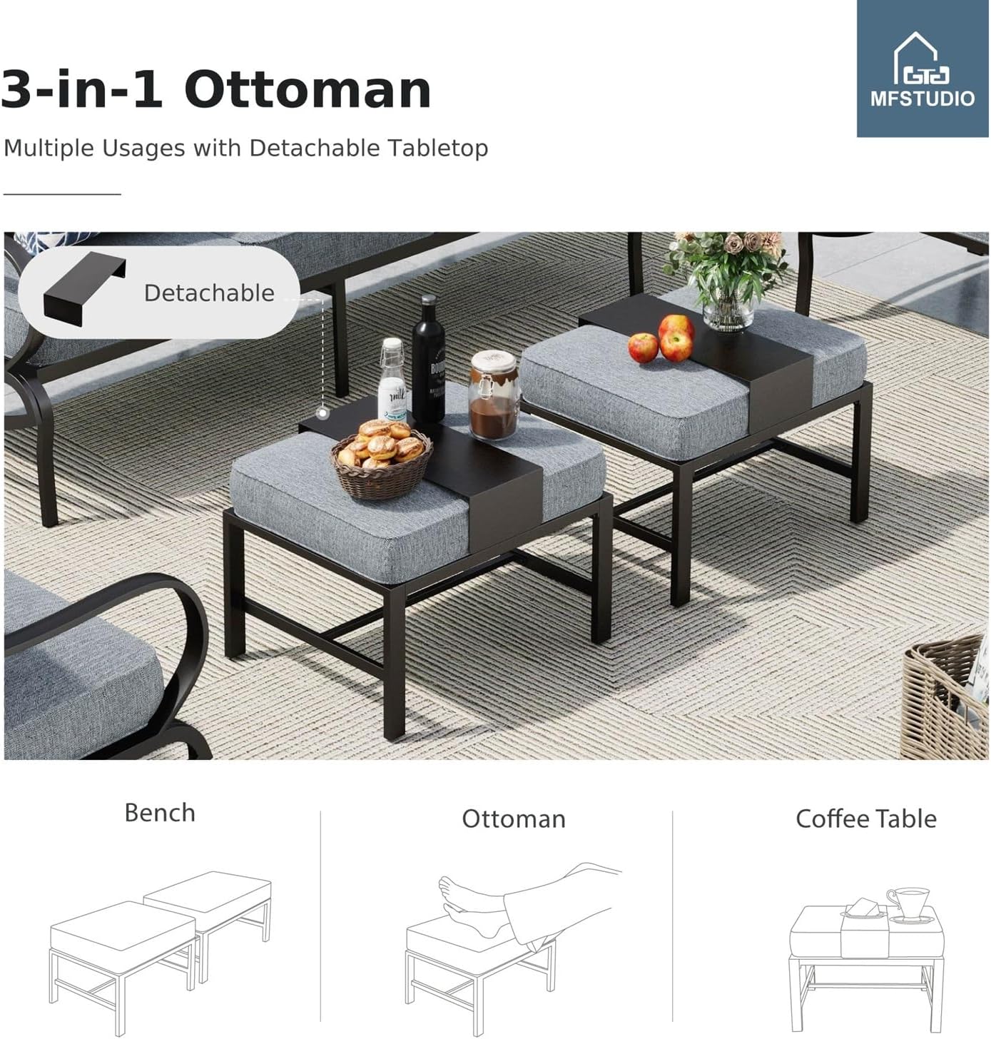 MFSTUDIO Patio Furniture Sets with 45' Gas Fire Pit Table, 8 Pieces Outdoor Metal Conversation Set with 1 x 3-Seat Sofa, 2 Single Chairs, 2 Swivel Chairs and 2 Ottomans, Grey Cushion