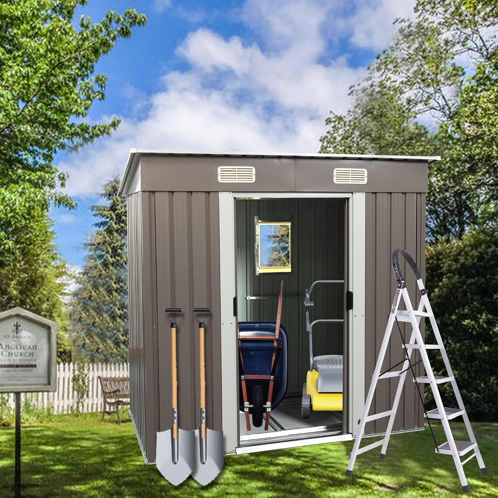 JT 6.4X4FT Outdoor Storage Shed with Metal Foundation, Sliding Doors and Window,Waterproof Tool Storage Shed for Patio Lawn Backyard (Gray-with The Window-6.4ftx4ft)