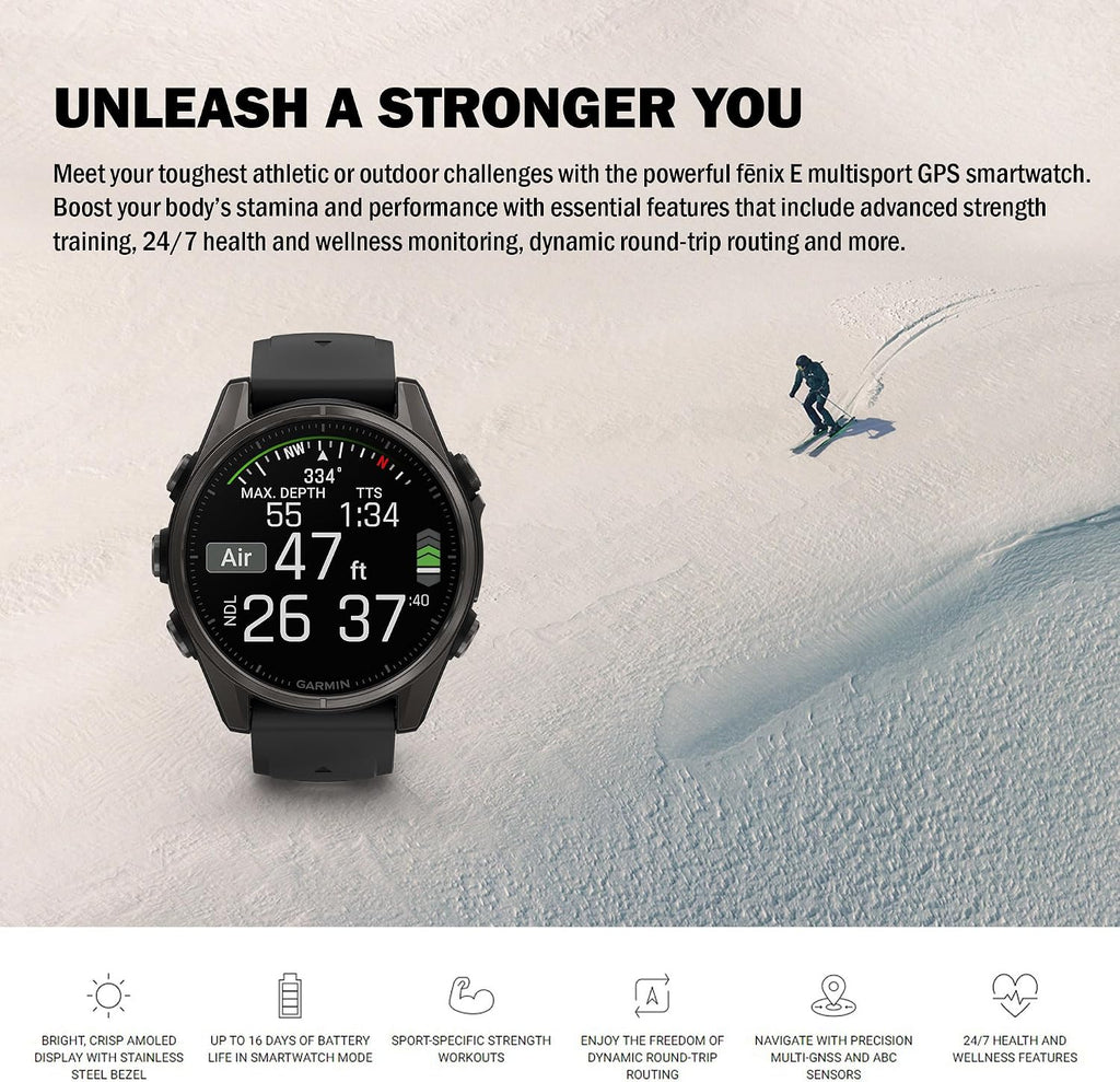 Garmin Fenix E 47MM AMOLED Premium Multisport GPS Smartwatch, 16 Days Long-Lasting Battery Life, Slate Gray Steel with Black Silicone Band, Fitness & Health Smart Watch Bundle for Men and Women