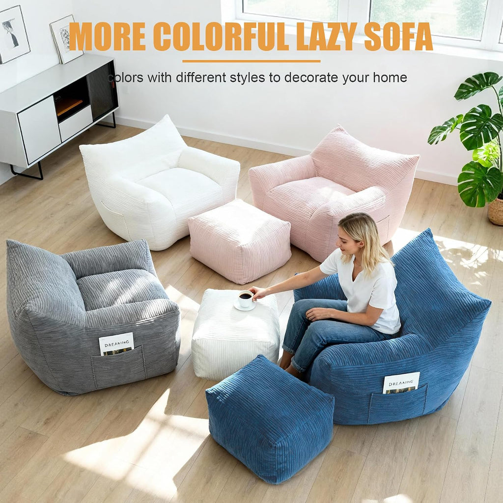 Giant Bean Bag Chair with Ottoman, Comfy Bean Bag Couch with 2 Side Pocket, Corduroy Boneless Couch Chair in a Box, Stuffed Lounge Floor Sofa for Dorm, Bedroom, Living Room, Gray