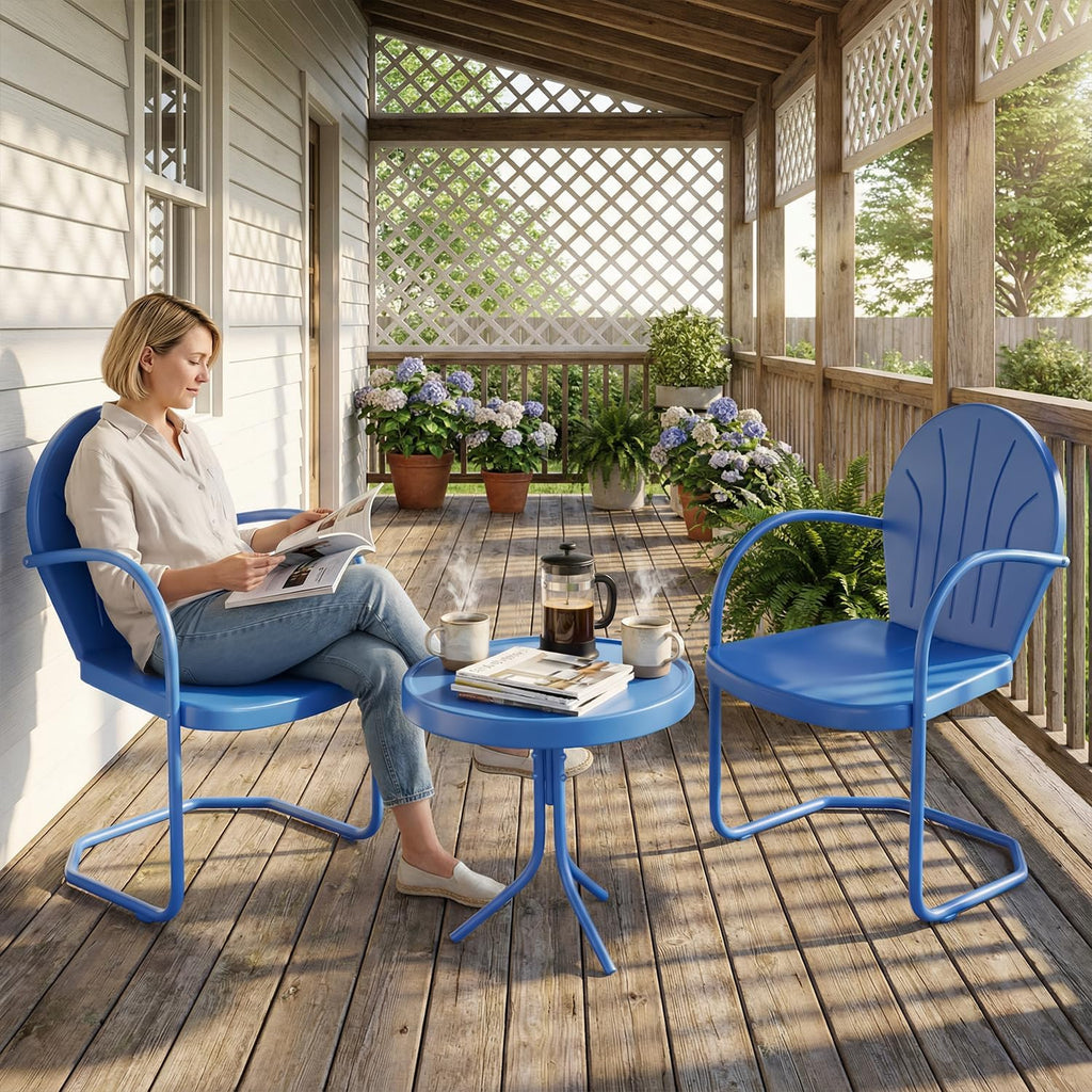 3 Pieces Patio Bistro Set, Retro Metal Outdoor Seating Conversation, 2 C-Spring Retro Metal Patio Chairs and Round Side Table, for Balcony, Yard, Garden (Blue)