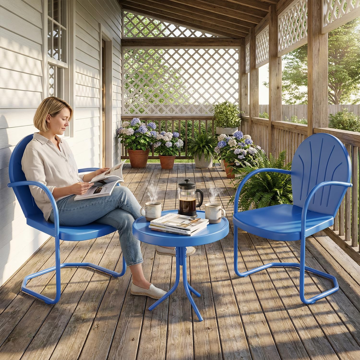 3 Pieces Patio Bistro Set, Retro Metal Outdoor Seating Conversation, 2 C-Spring Retro Metal Patio Chairs and Round Side Table, for Balcony, Yard, Garden (Blue)