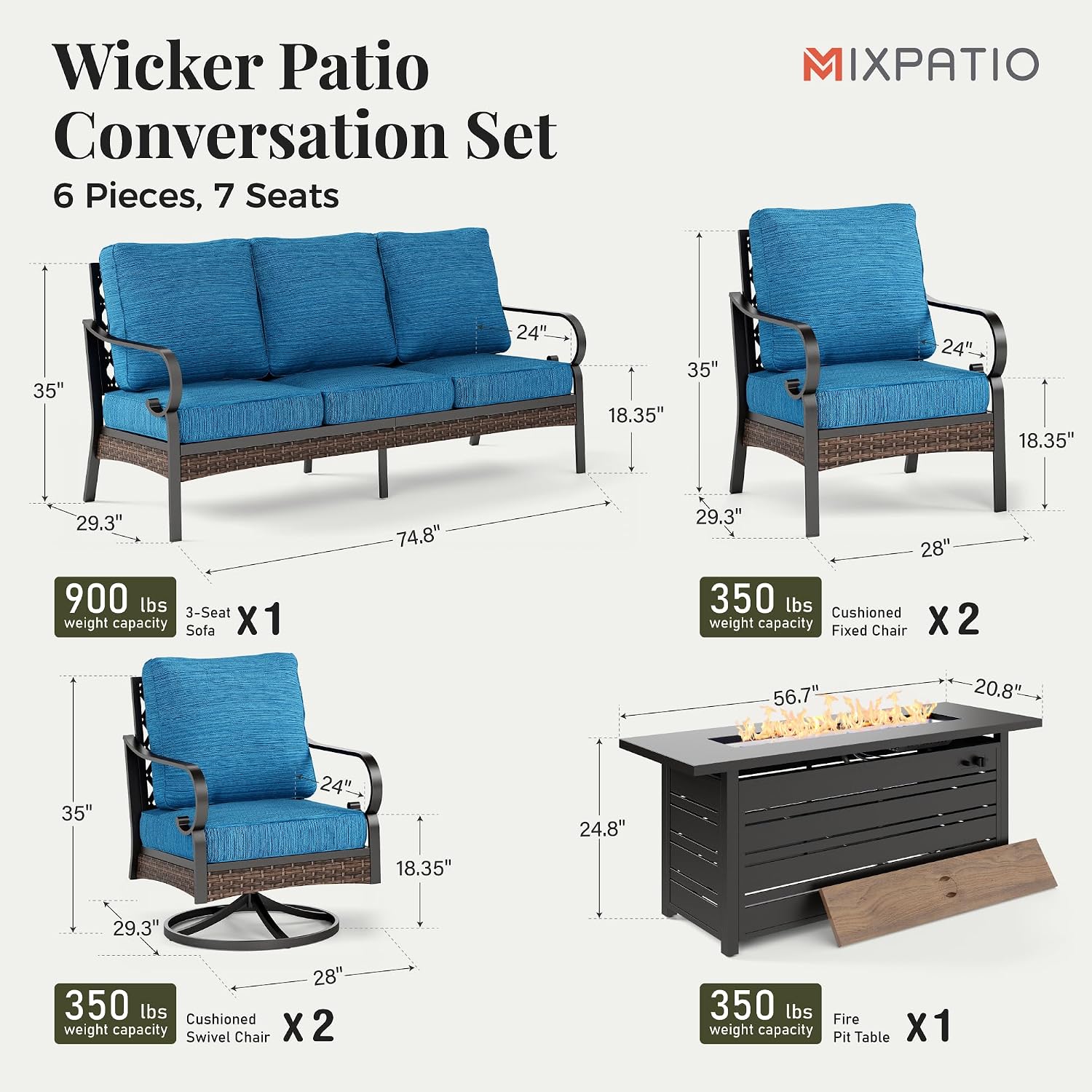 MIXPATIO Patio Furniture Set with Fire Pit Table, Metal Outdoor Conversation Set with 5.75'' Extra Thick Cushion, 2 Swivel Chairs, 2 Leg Chairs, 3-Seat Sofa and Gas Fire Pit Table, Pacific Blue