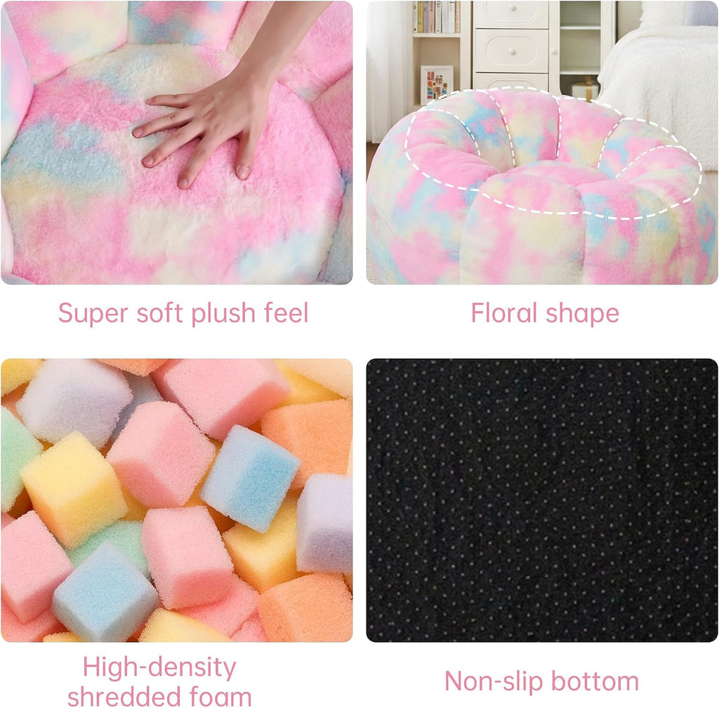 Cvortll Bean Bag Chair, Floral Shaped Beanbag, Faux Fur Adult Teen Kids Comfy Chair with Petal Armrest Chair, Bean Bag Couch for Bedroom, Living Room, Dorm, Game (Colorful)