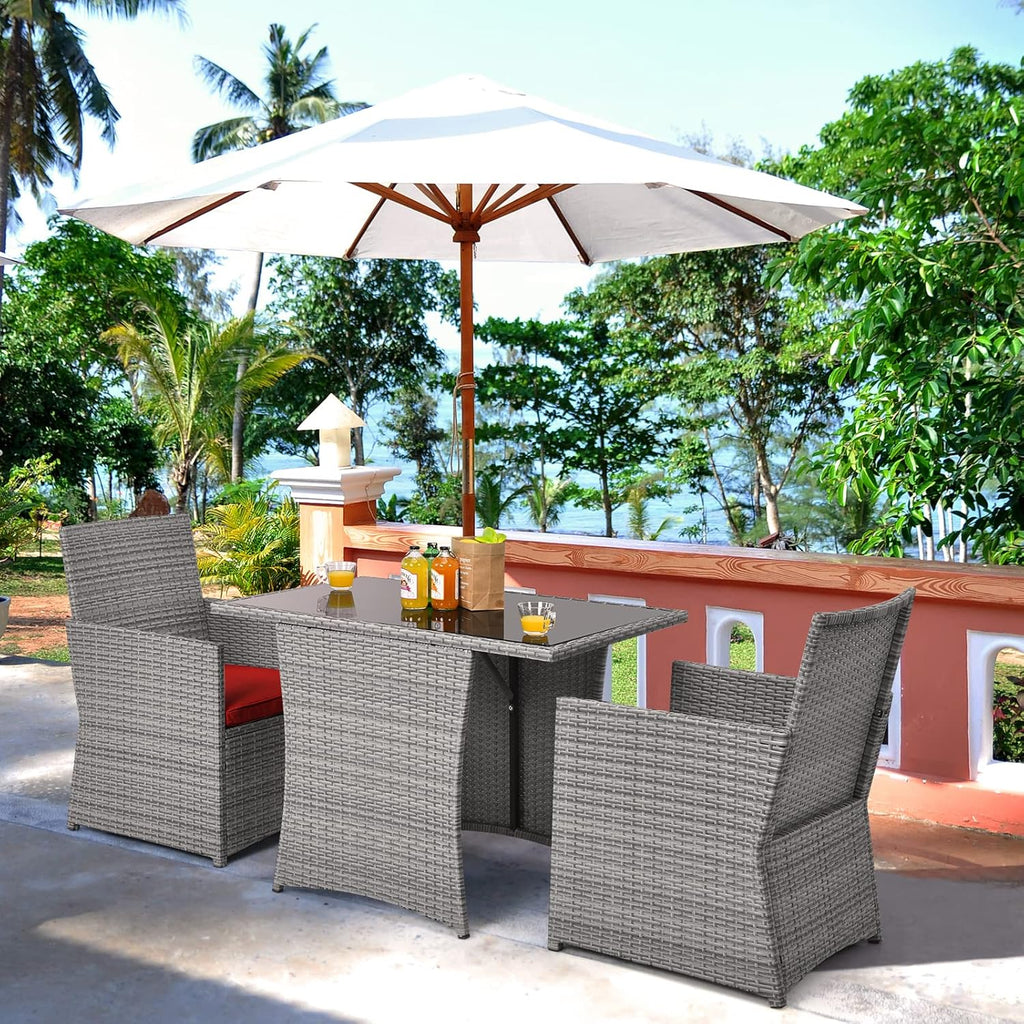 HAPPYGRILL 3 Piece Patio Furniture Set, Outdoor PE Rattan Wicker Bistro Set with Washable Cushions & Tempered Glass Table, for Backyard Porch Garden Balcony Poolside