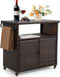 HOMEFUN Outdoor Bar Cart with Storage Cabinet - Outside Bar Table with Wheels Wicker Grill Carts Patio Kitchen Island Table Weatherproof Prep Stand, Brown