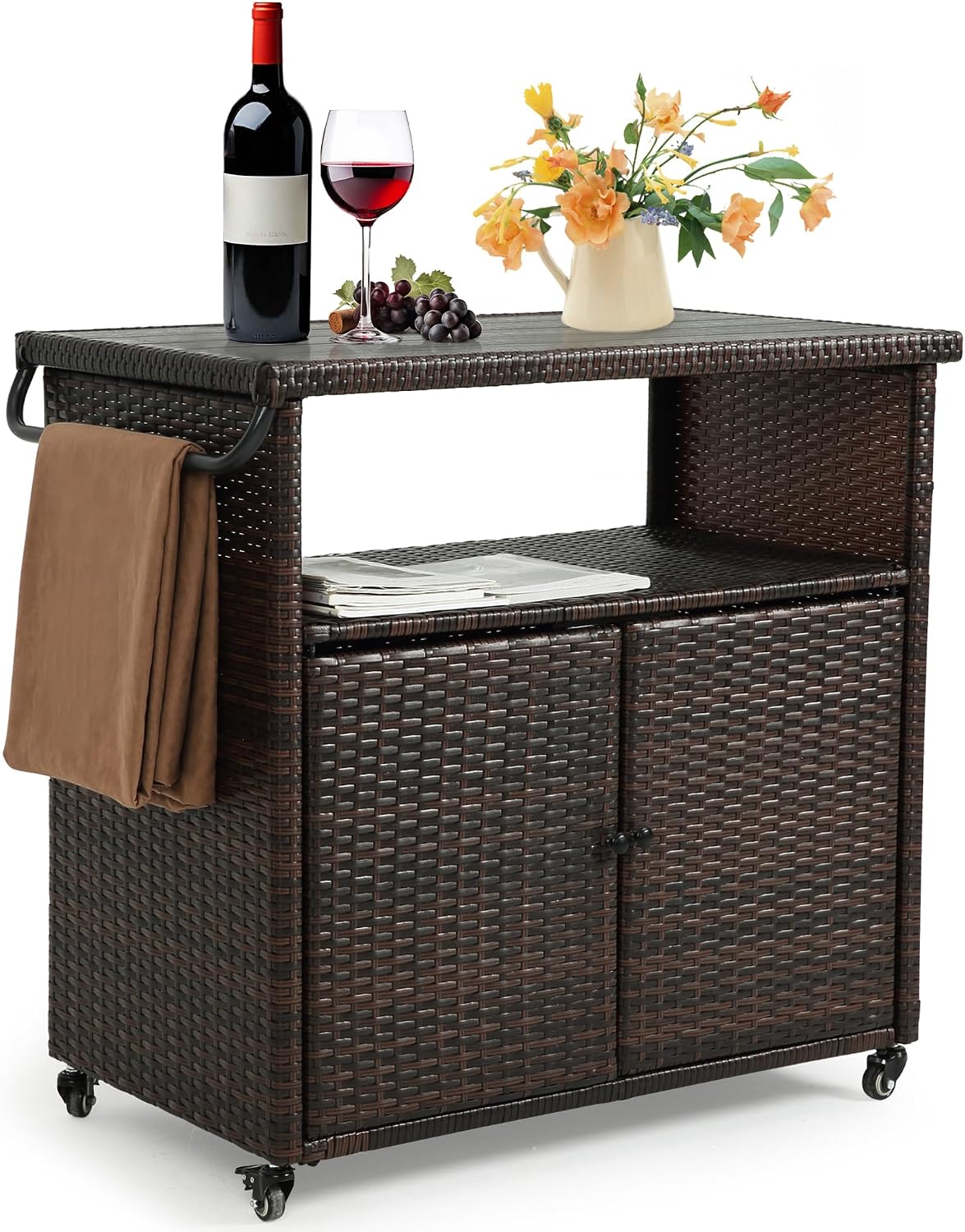 HOMEFUN Outdoor Bar Cart with Storage Cabinet - Outside Bar Table with Wheels Wicker Grill Carts Patio Kitchen Island Table Weatherproof Prep Stand, Brown
