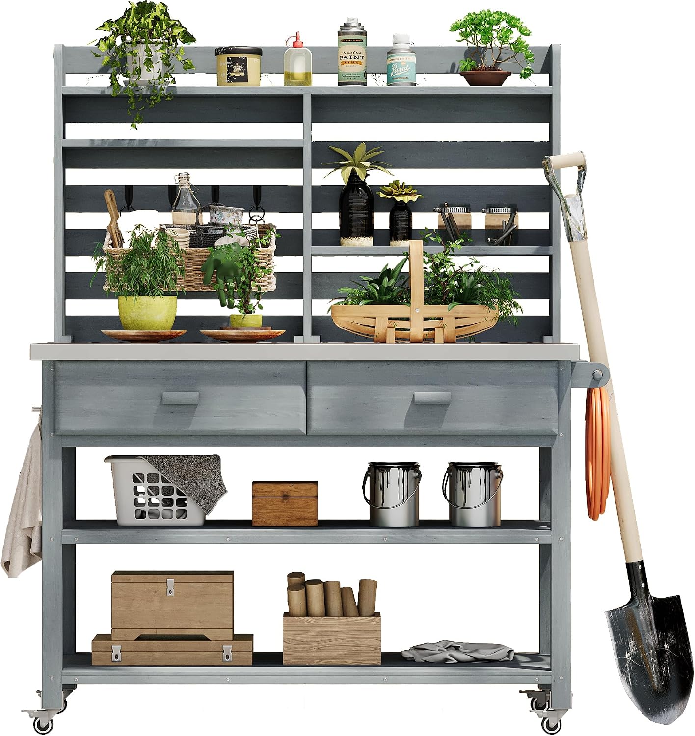 Merax 64.9'H Outdoor Potting Bench Table with Lockable Wheels, Solid Wood Outdoor Kitchen Island with Upper Hutch, Stainless Steel Top, Towel Rack, Outdoor Storage for Grilling, Lawn Garden, Grey Blue