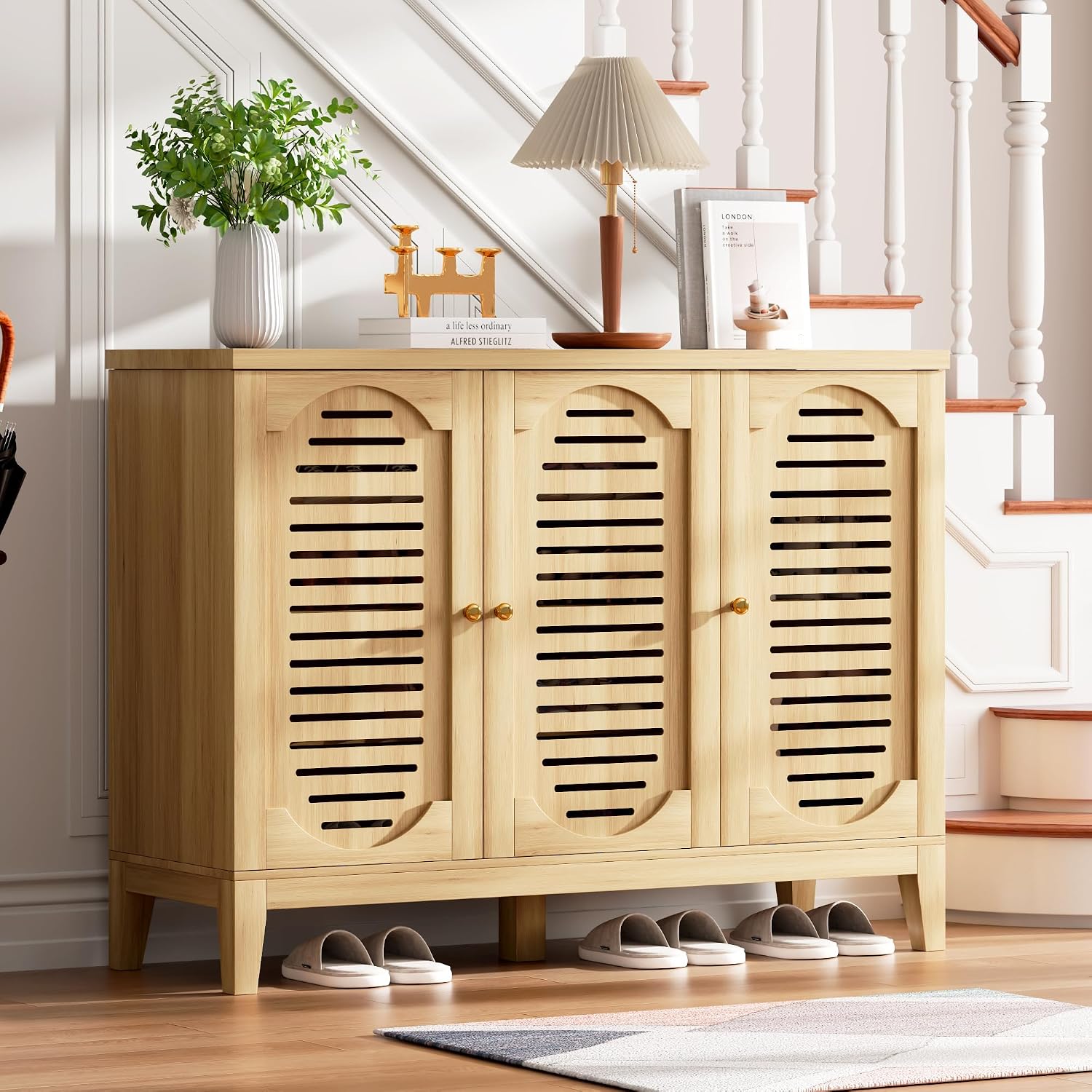 Vlsrka Shoe Cabinet with 3 Doors, Narrow Wooden Shoe Cabinet, Hidden Shoe Storage for Entryway, Foyer, Hallway (Brown C)