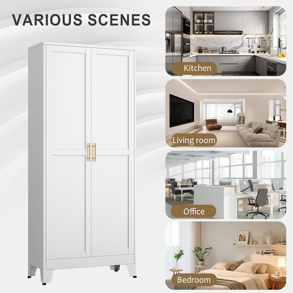 pozdeg 75' Tall Pantry Cabinet, Metal Kitchen Storage Cabinet with 2 Doors and 5 Adjustable Shelves, White Storage Cabinet Cupboard for Kitchen, Dining Room, Living Room and Bathroom (White)