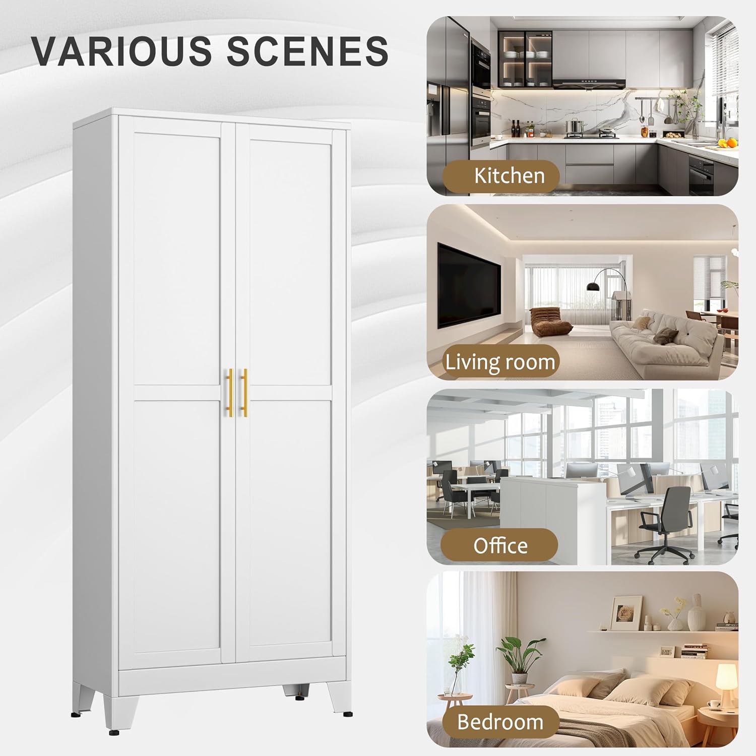 pozdeg 75' Tall Pantry Cabinet, Metal Kitchen Storage Cabinet with 2 Doors and 5 Adjustable Shelves, White Storage Cabinet Cupboard for Kitchen, Dining Room, Living Room and Bathroom (White)