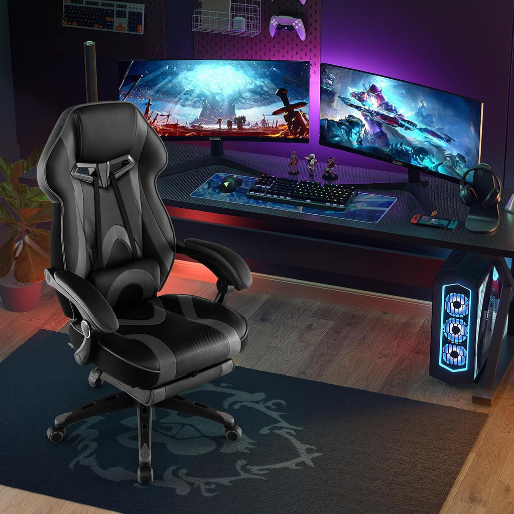 Giantex Gaming Chair with Footrest for Adults, Reclining Video Game Chair w/Lumbar Support, Racing Style Ergonomic Office Computer Chair, Height Adjustable Swivel Gamer Chair for Gaming (Grey)
