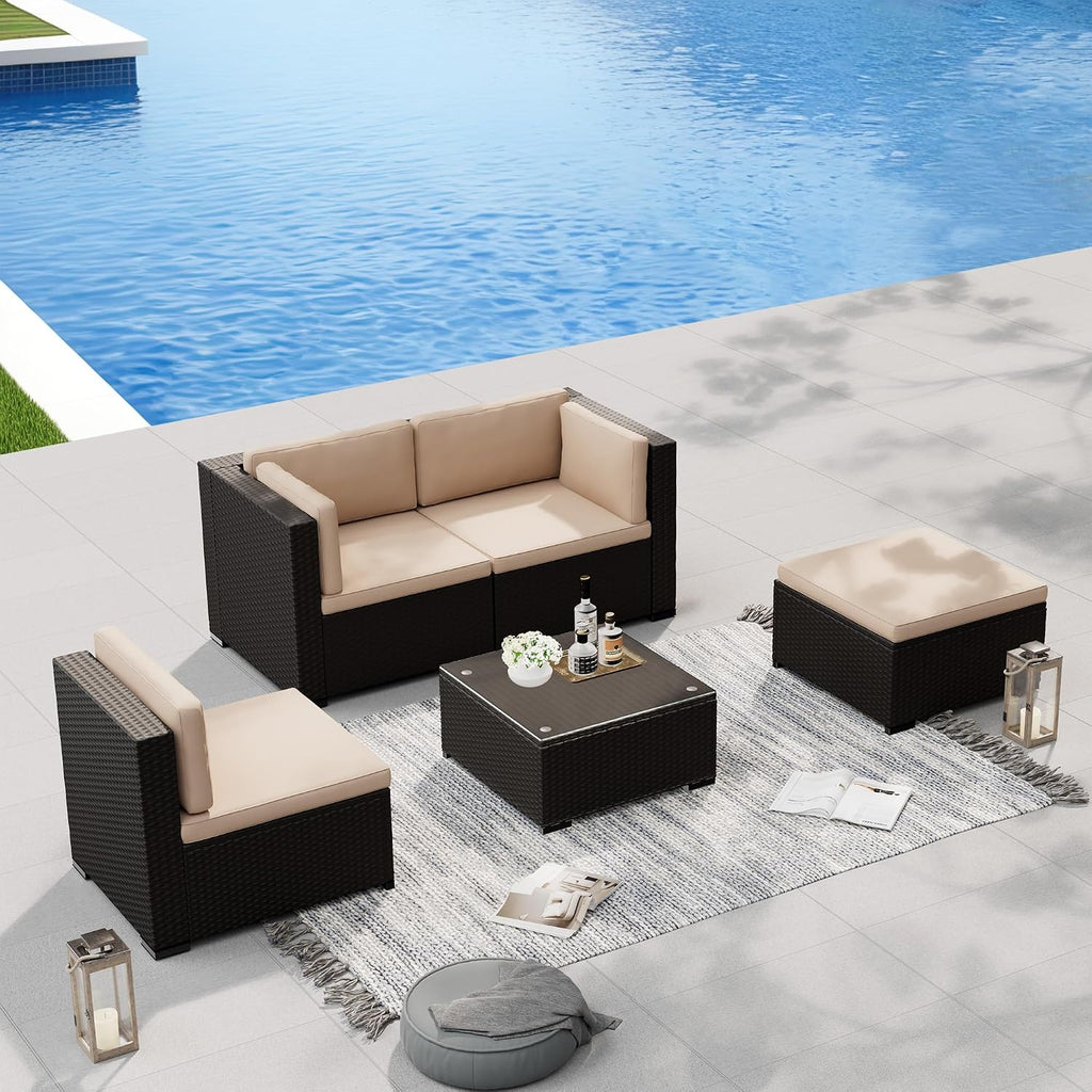 Oakcloud 5-Piece Outdoor Patio Furniture Sofa Set Black Rattan Wicker Sectional Conversation Sets with Glass Top Table and Cushions(Brown)