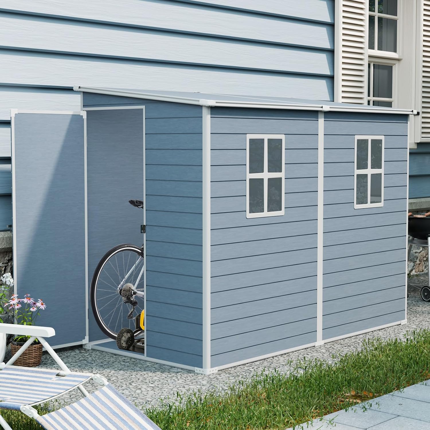 KUIKUI 8x4ft Shed with Floor Included, Outdoor Storage Plastic Resin Lean to Shed with 2 Windows and Lockable Door, Backyard Storage Sheds for Garden Tools, Bike, Grey