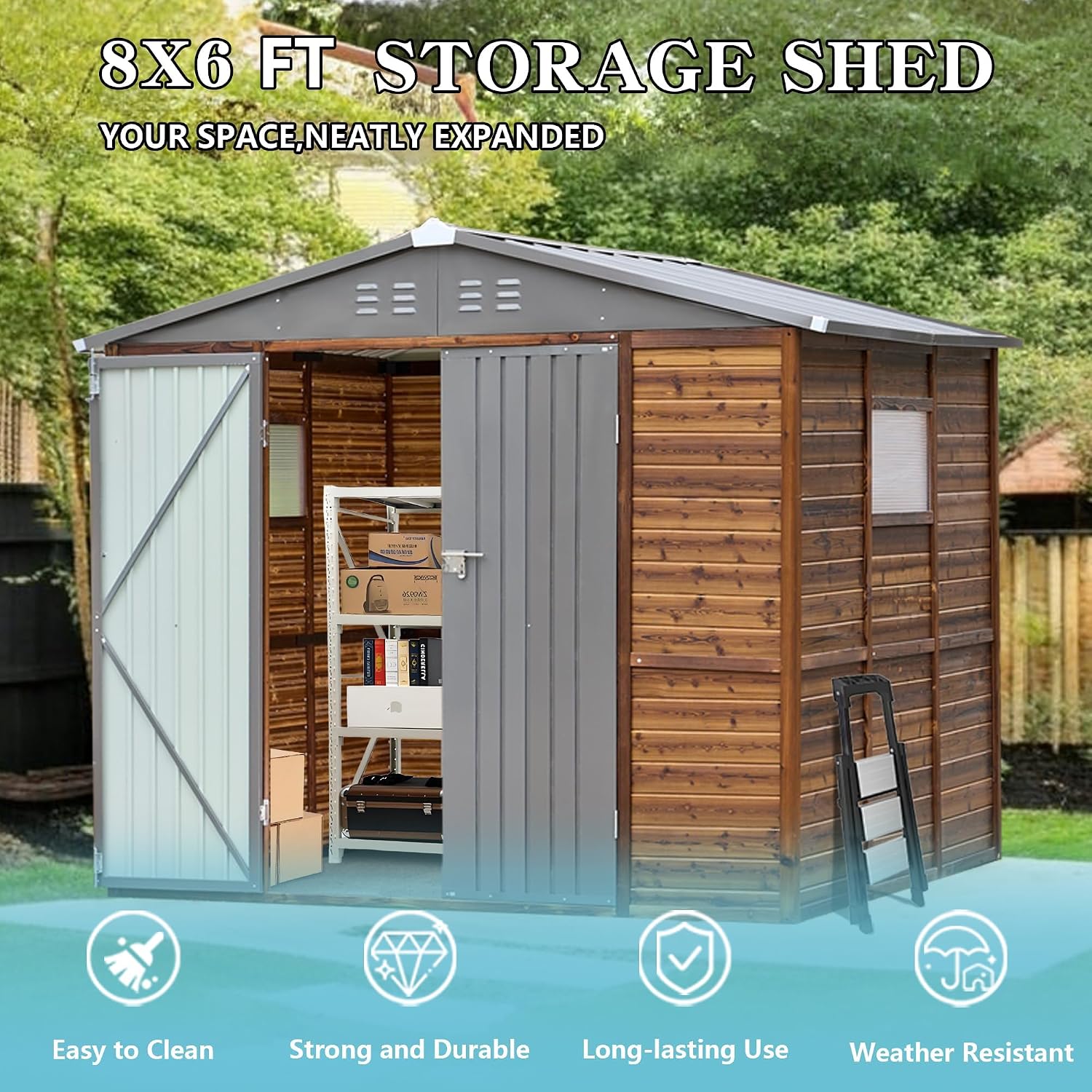 8x6 Ft Outdoor Storage Shed with Windows, Wood & Metal Tool Shed Waterproof Storage House for Outside Patio, Garden and Backyard, 4 Vents (Without Floor) Wood Color