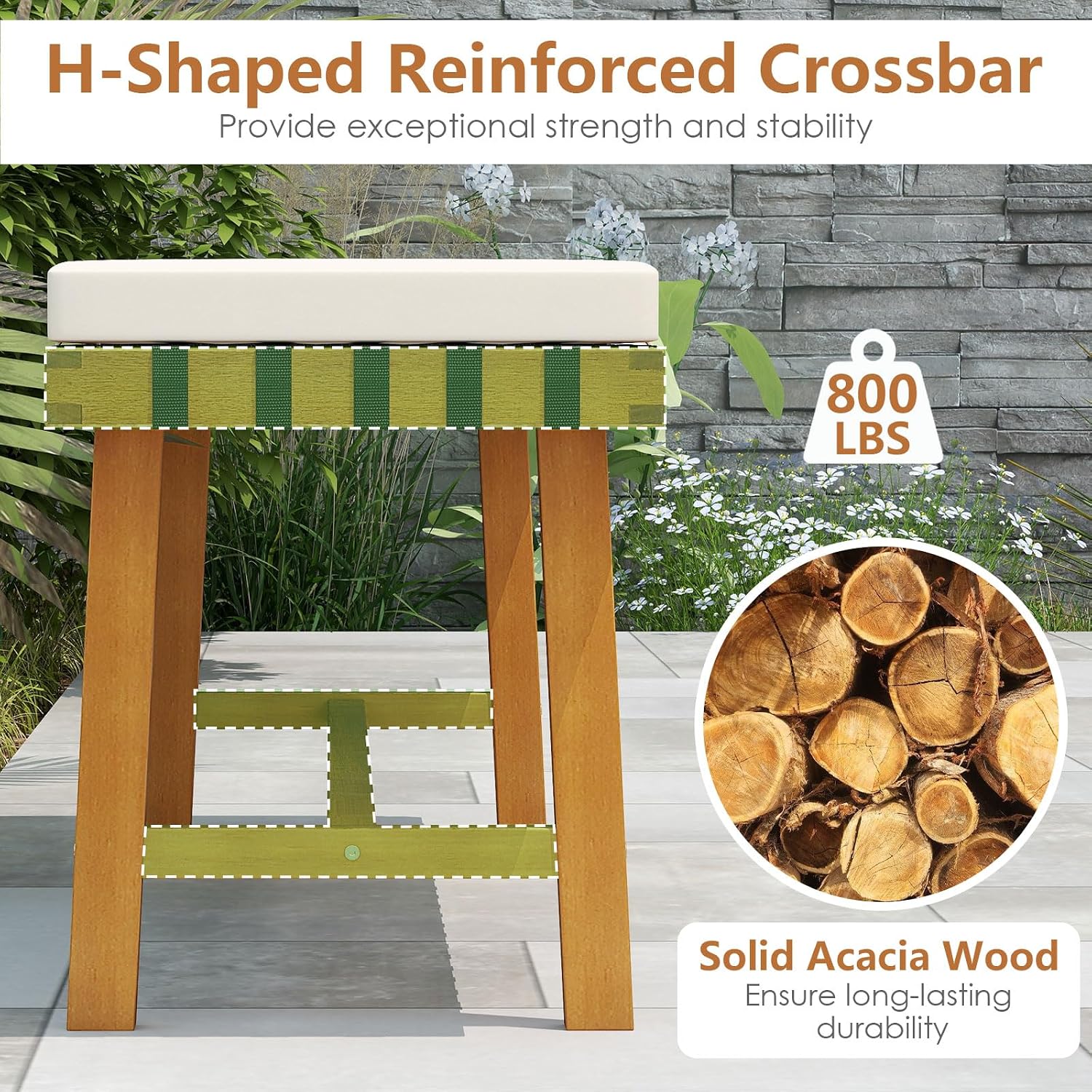 Tangkula 3 Piece Patio Dining Set for 4 People, 63' Outdoor Acacia Wood Rectangular Table with 1.97' Umbrealla Hole & 2 Cushioned Bench, for Deck Yard and Poolside