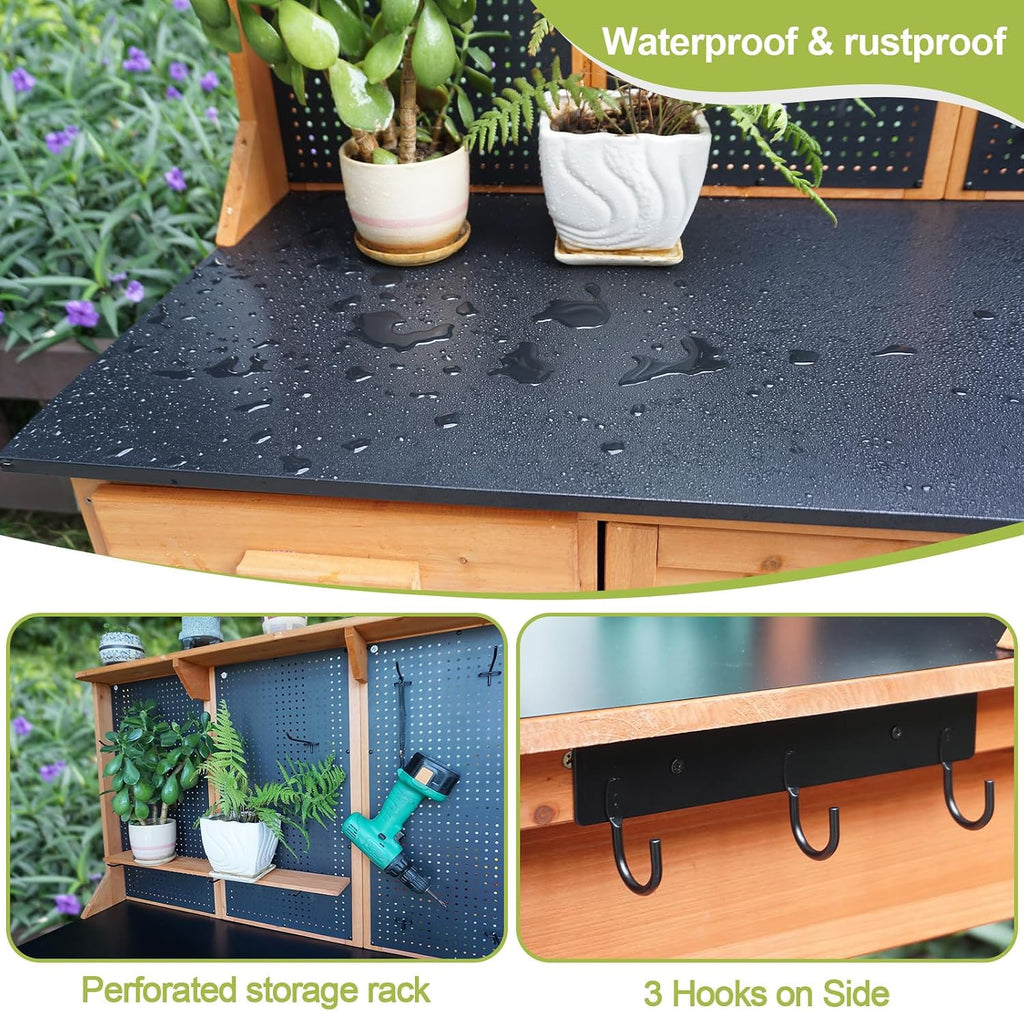 Outdoor Potting Bench,Wooden Potting Table with Metal Tabletop,Garden Work Bench with Drawer and Free Matching Storage Cabinet Shelf/Hooks for Backyard,Patio,Greenhouse (Black, 44 * 20 * 63in)