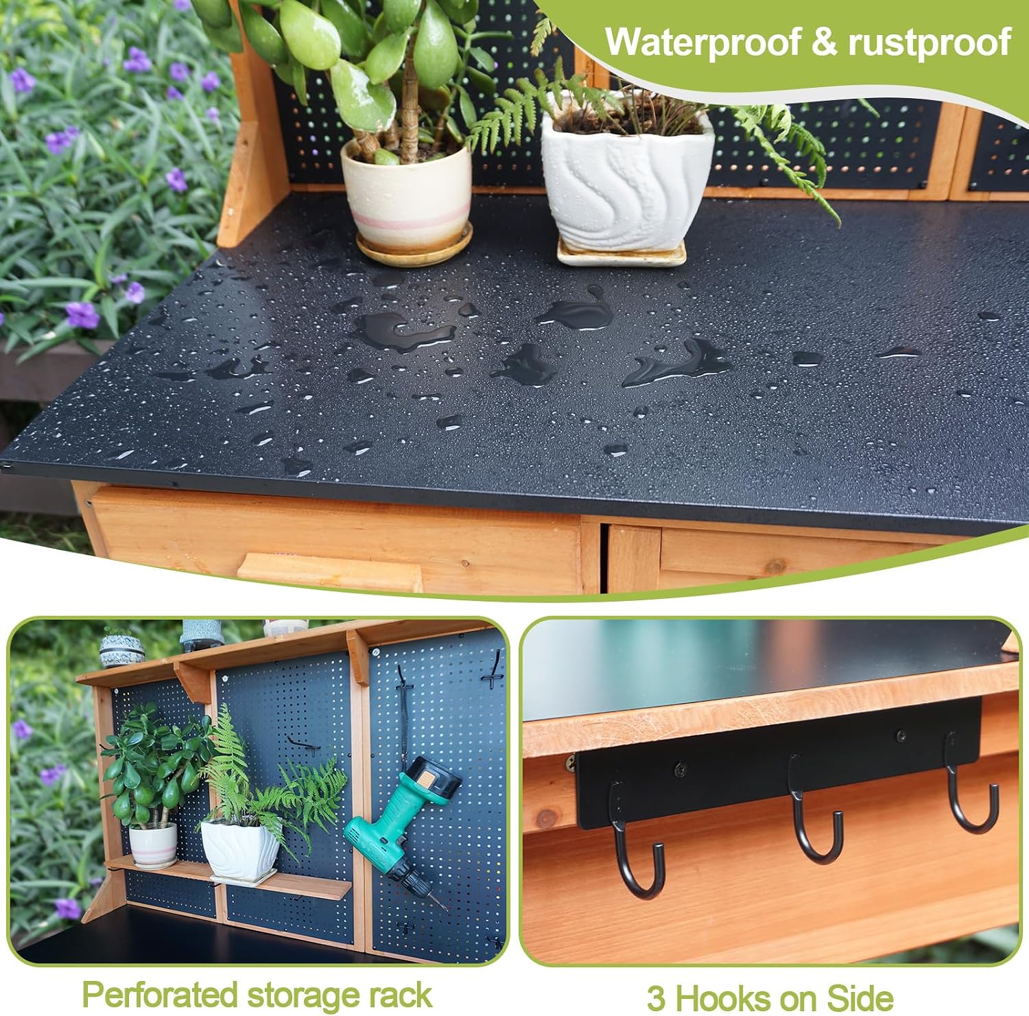 Outdoor Potting Bench,Wooden Potting Table with Metal Tabletop,Garden Work Bench with Drawer and Free Matching Storage Cabinet Shelf/Hooks for Backyard,Patio,Greenhouse (Black, 44 * 20 * 63in)