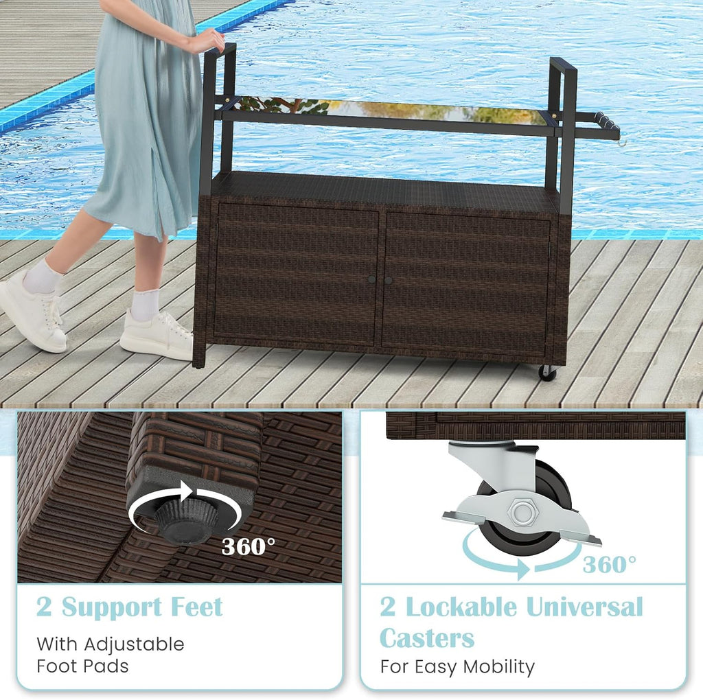 Tangkula Outdoor Bar Cart, Patiojoy Rolling Wicker Buffet Serving Cart with Tempered Glass Top, Storage Cabinet & 8 Hooks, Kitchen Island Cart on Wheels for Porch Backyard Garden Poolside (Mix Brown)