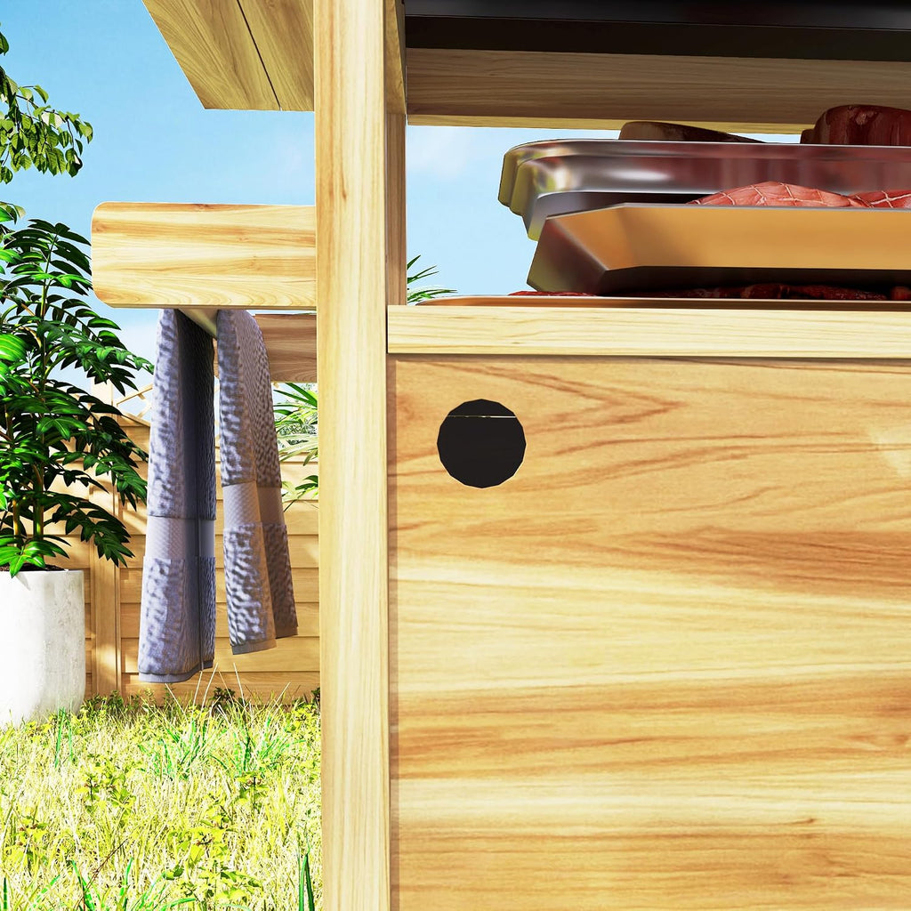 Outsunny Outdoor Grill Cart with Wheels and Storage, Solid Wood Outdoor Kitchen Island with Stainless Steel Top, Movable Bar Cart with Spice Rack, Side Handle, Integrated Hole for BBQ, Natural Wood
