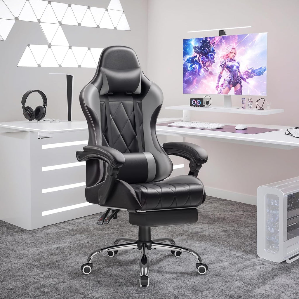 Shahoo Gaming Chair with Footrest and Massage Lumbar Support, Ergonomic Computer Seat Height Adjustable with 360°Swivel and Headrest, Grey1