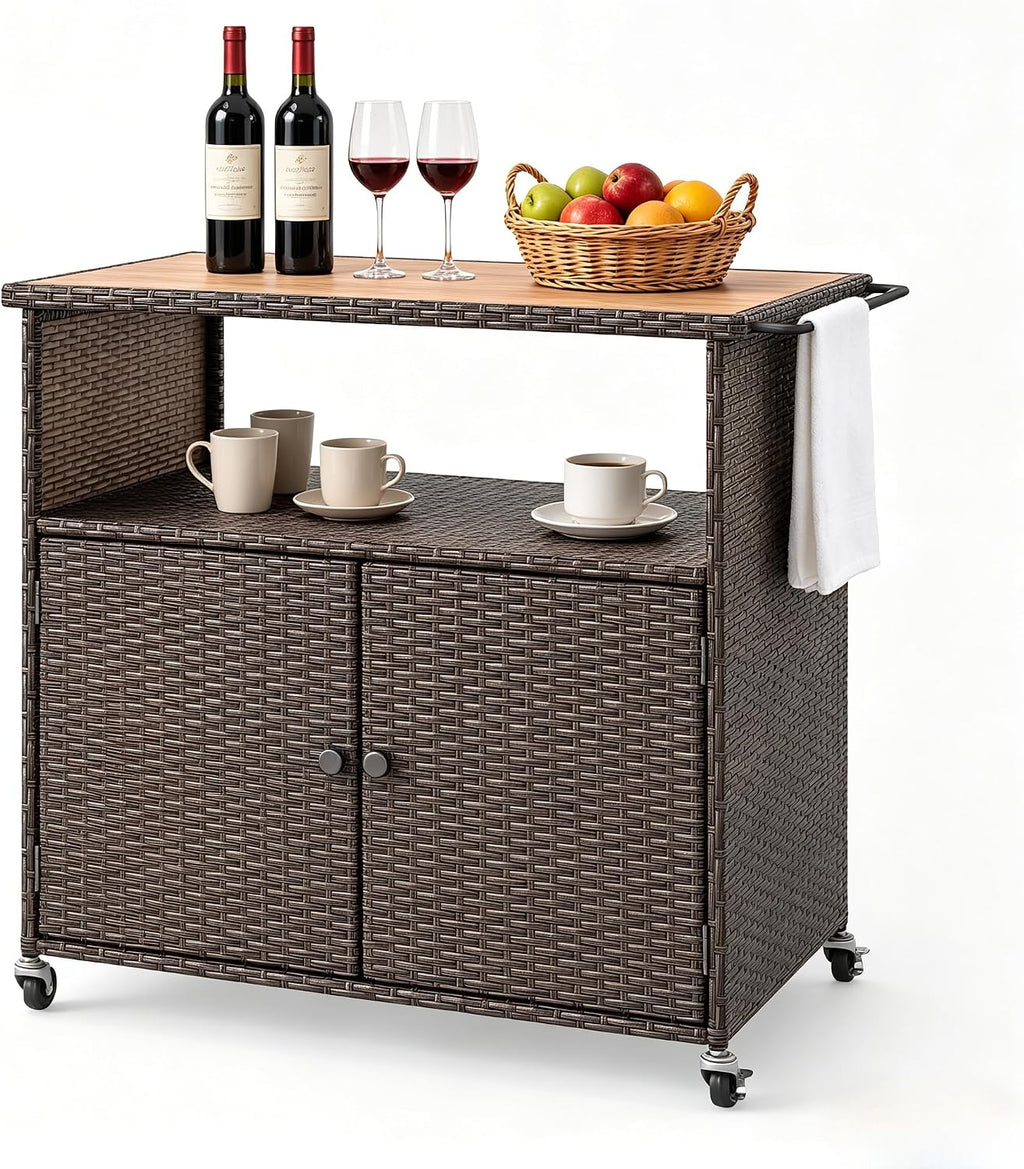 MAT EXPERT Wicker Outdoor Storage Cabinet, PE Rattan Buffet Cabinet w/Acacia Wood Countertop, Open Compartment & 2-Door Shelf, Patio Bar Cart w/Lockable Wheels for Kitchen, Garden, Backyard & Pool