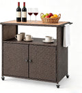 MAT EXPERT Wicker Outdoor Storage Cabinet, PE Rattan Buffet Cabinet w/Acacia Wood Countertop, Open Compartment & 2-Door Shelf, Patio Bar Cart w/Lockable Wheels for Kitchen, Garden, Backyard & Pool