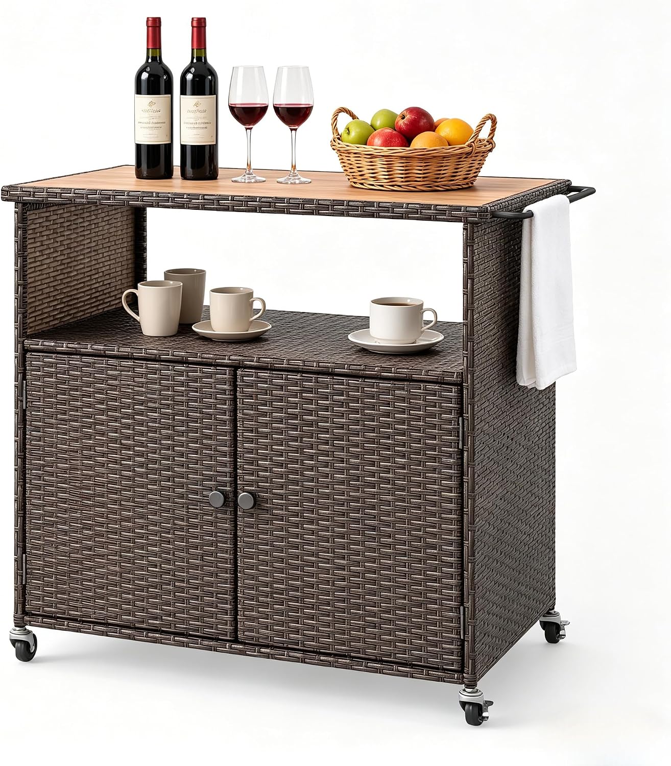 MAT EXPERT Wicker Outdoor Storage Cabinet, PE Rattan Buffet Cabinet w/Acacia Wood Countertop, Open Compartment & 2-Door Shelf, Patio Bar Cart w/Lockable Wheels for Kitchen, Garden, Backyard & Pool