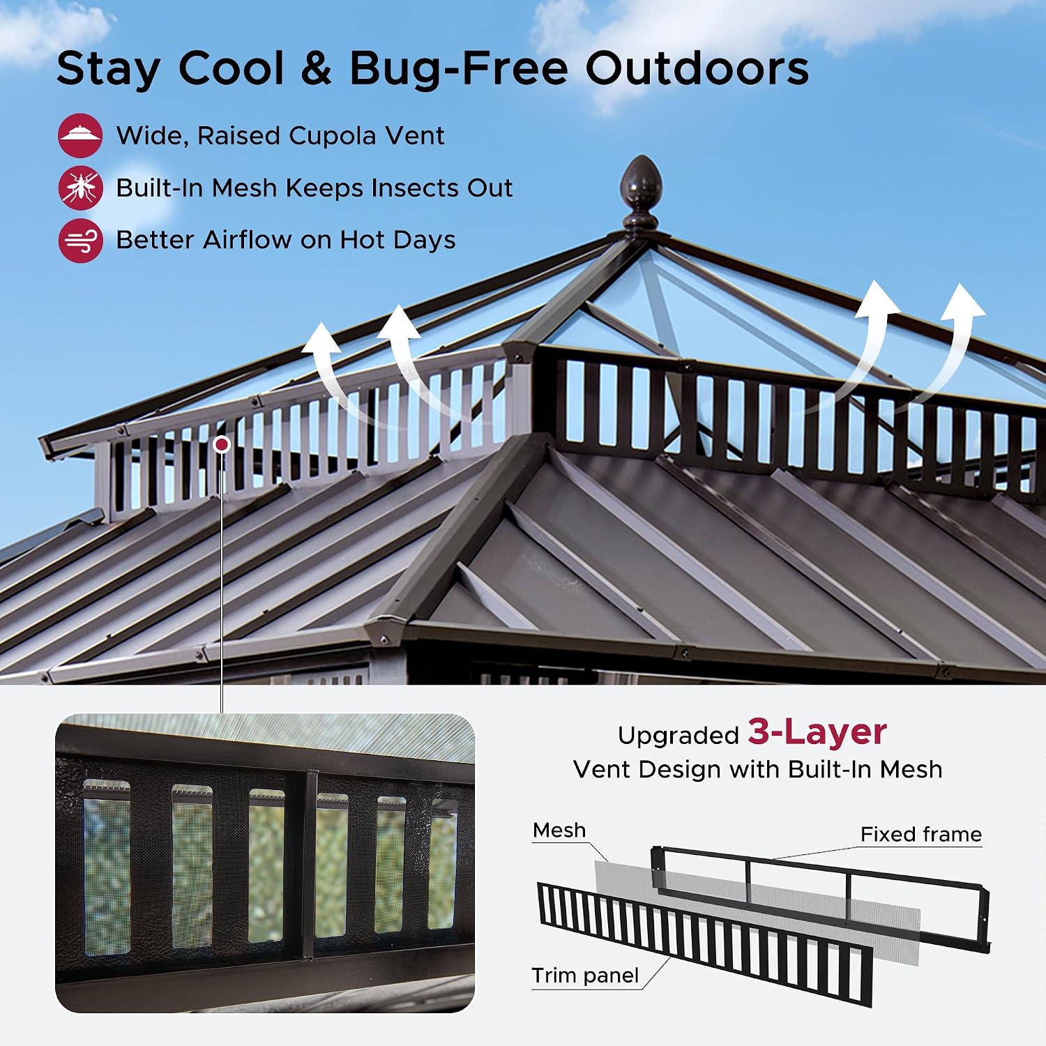 SUNJOY Kingston 12' x 12' Hardtop Gazebo with Galvanized Steel/Polycarbonate Double Roof, Curtain and Netting, Brown Aluminum Posts Permanent Pavilion Gazebo for Garden, Patio, Deck, Lawn