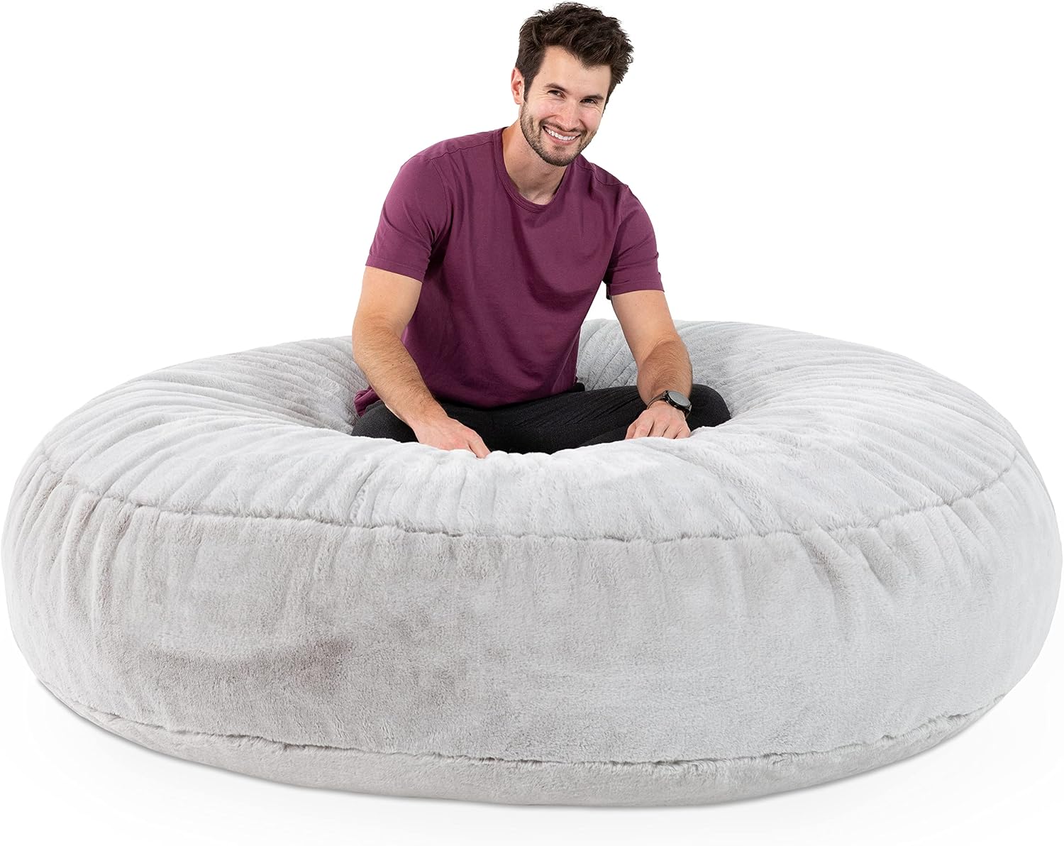 Jaxx 6 Foot Cocoon - 2-in-1 Convertible Bean Bag Bed & Large Bean Bag Chair for Adults - Premium Faux Fur, Silver Rabbit