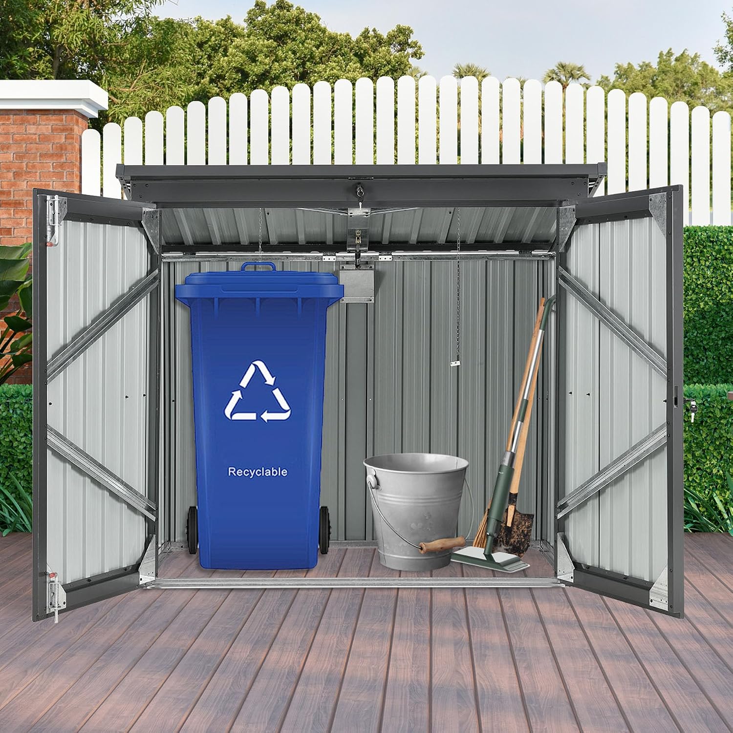 62' Grey Metal Outdoor Storage Shed with Sloped Roof, Lockable Tool Shed for Trash Cans, Garden Tools, Firewood, or Pet House, Waterproof, Galvanized Steel (Black)