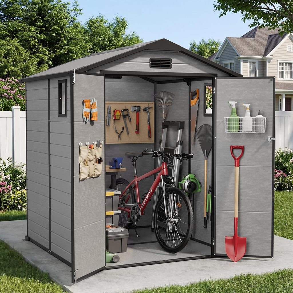 WUKHG 6X6 FT Resin Shed, Plastic Shed with Floor & Drainage Channel for Bikes, Furniture, Gardening Tools, Lockable Double Door Outdoor Storage Sheds Suitable for Backyard, Patio, Lawn