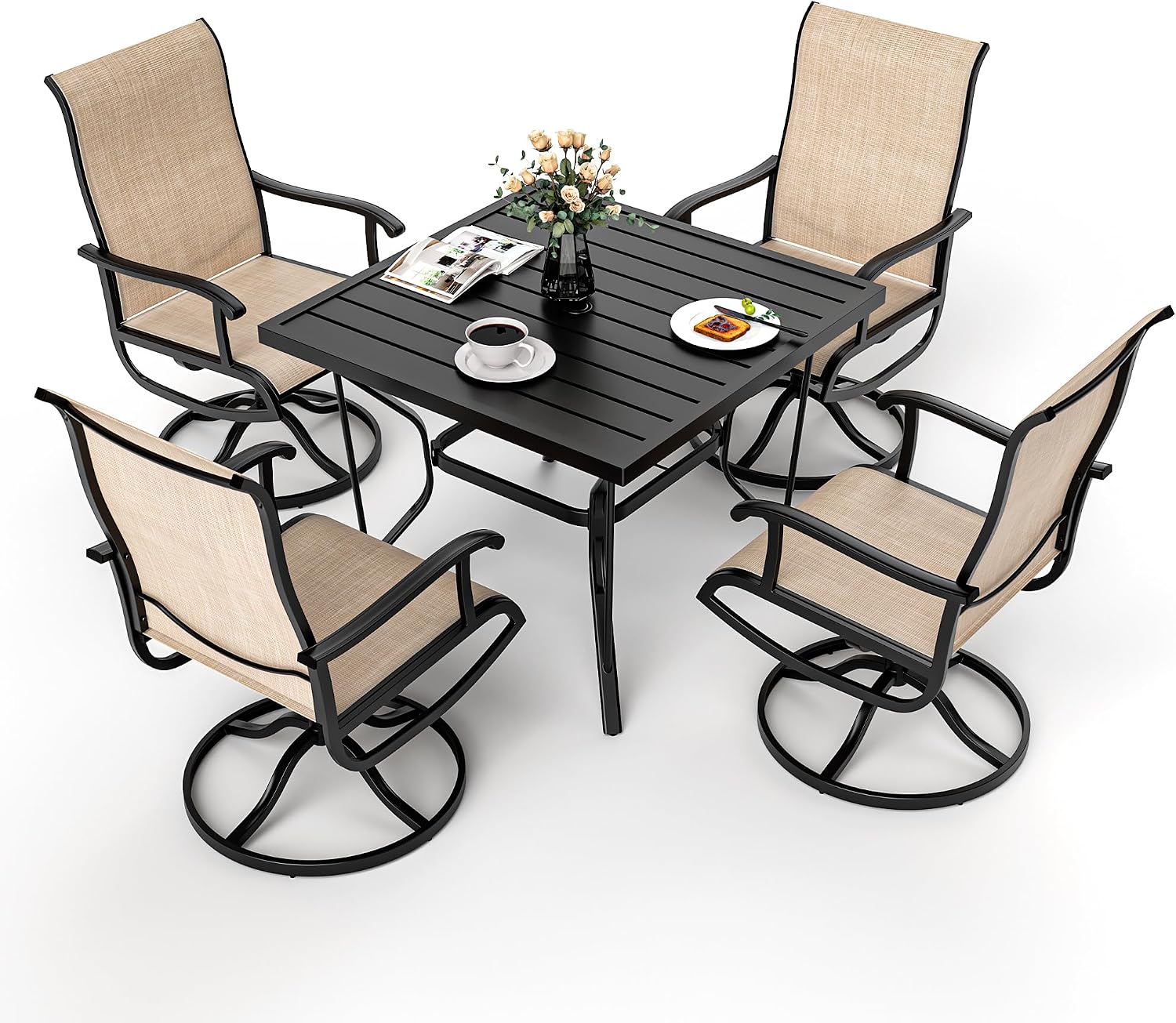 5-Piece Outdoor Dining Set, Patio Furniture Set with Textilene Swivel Chairs, Outdoor Table & 4 Chairs for Garden, Backyard, Poolside, Deck, Beige