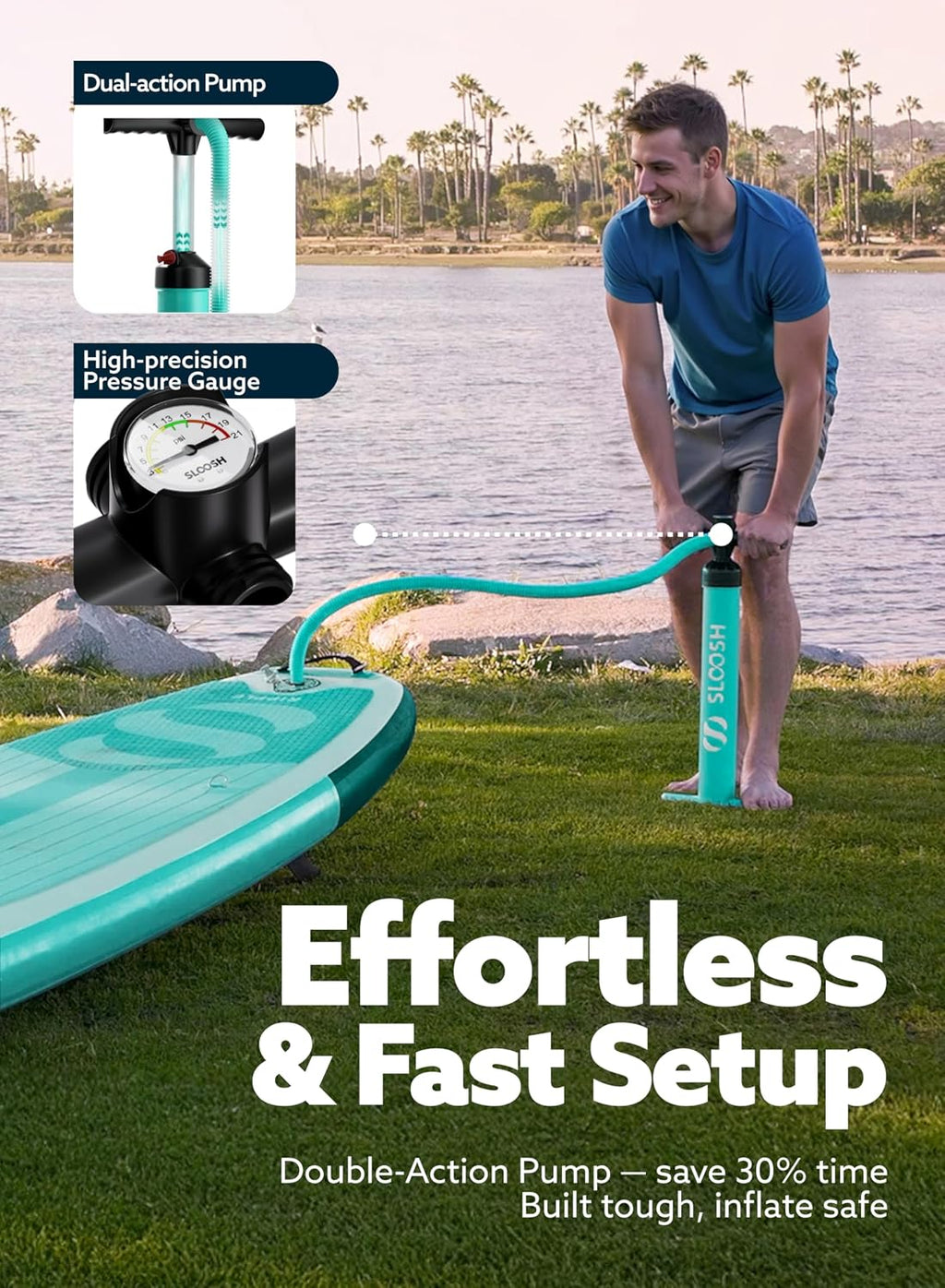 SLOOSH Inflatable SUP & Electric Pump Bundle – 10'6' Paddle Board with Premium Accessories, Non-Slip EVA Deck, 20 PSI Dual-Stage Pump for Fast Inflation, Perfect for Youth & Adults of All Skill Levels