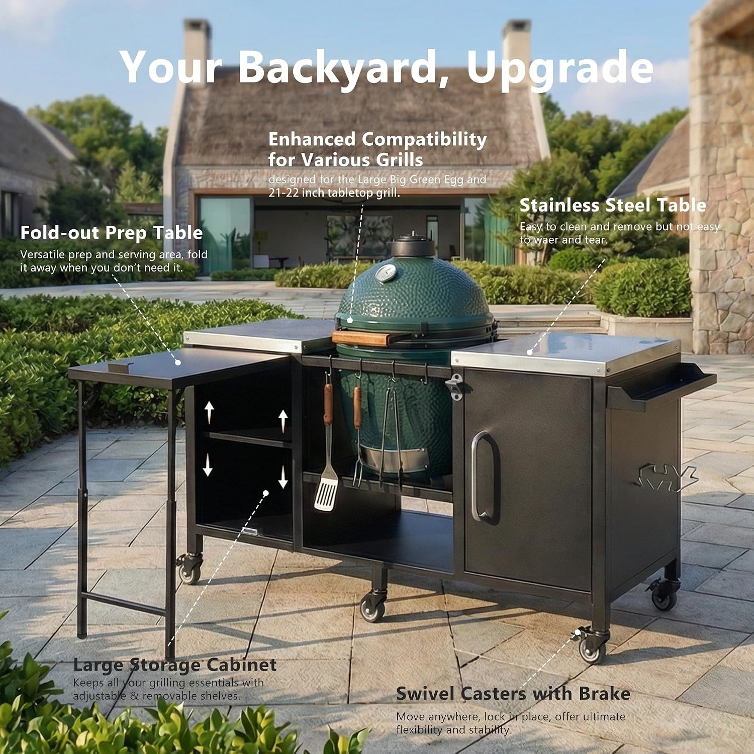 Merax 72.4' Large Grill Table for Large Big Green Egg, Metal Outdoor Grill Cart with Fold-Out Prep Table, Adjustable Shelves, Spice Rack, Outdoor Kitchen Island for Big Green Egg, Kamado Joe Classic