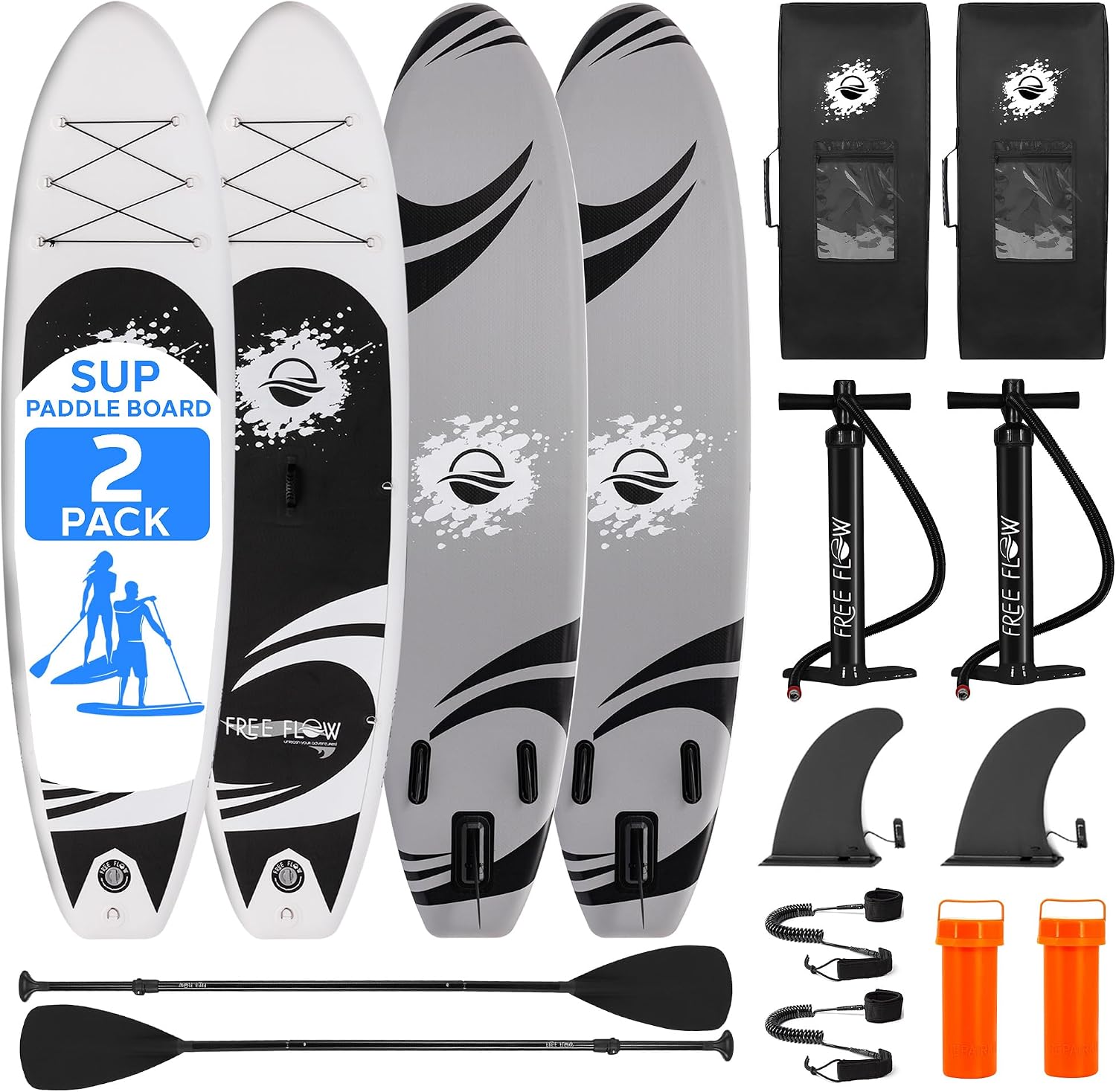 SereneLife 10' Inflatable Stand Up Paddle Board 2-Pack with Premium SUP Accessories – 32' Wide Stable Design with Non-Slip EVA Deck Pad for Youth and Adults, 350 lbs. Capacity Each